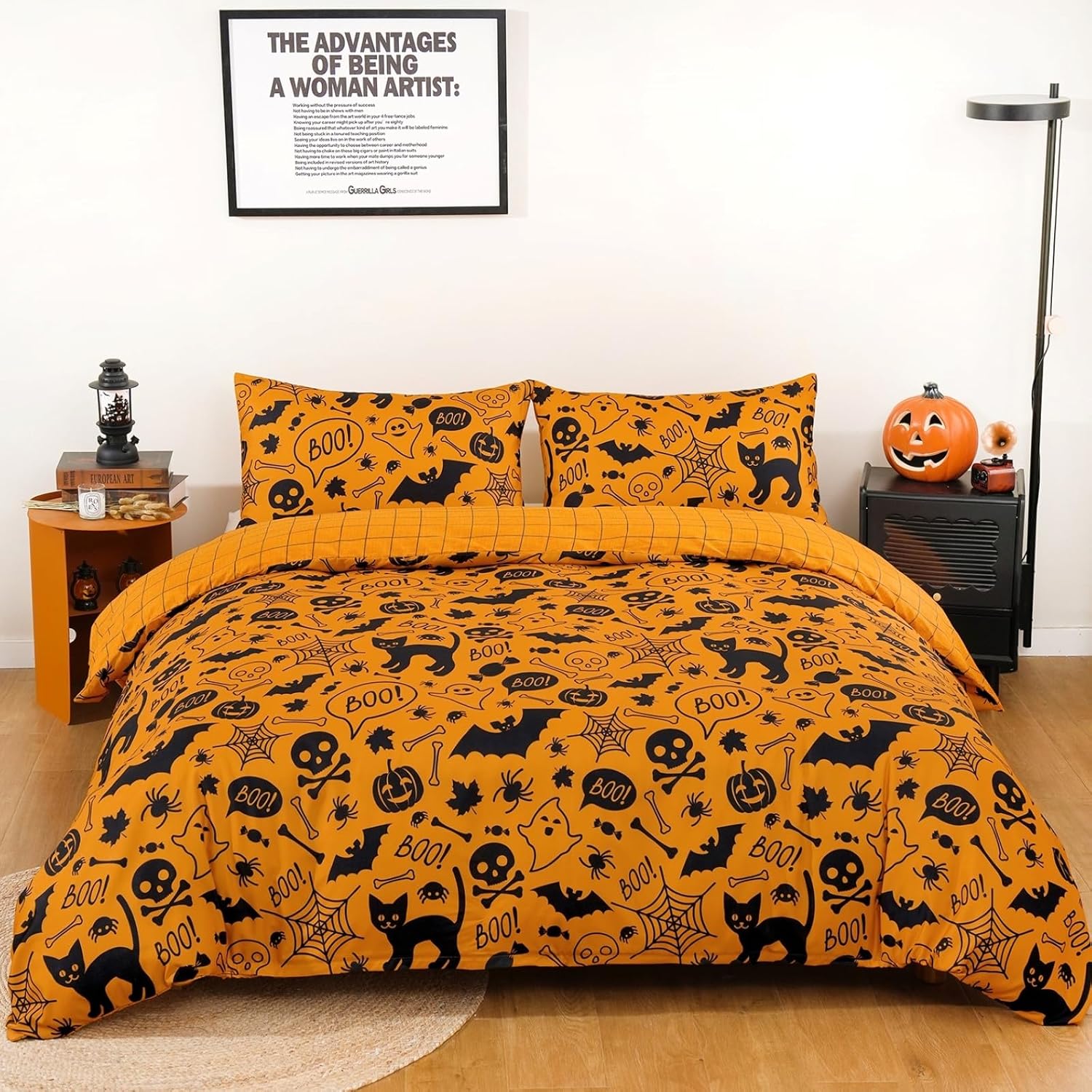Luxudecor Halloween Duvet Cover Set Twin Size Pumpkin Bat Cobweb Pattern Bedding Set Plaid Reversible Duvet Cover Soft Microfiber Halloween Theme Comforter Cover (2pcs, 68"x86") Twin Halloween Pumpkin Plaid