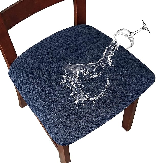 LANSHENG Stretch Chair Seat Covers for Dining Room Jacquard Waterproof Dining Chair Covers Set of 6 Washable Kitchen Chair Covers Chair Seat Protector Slipcovers (Navy Blue, 6)