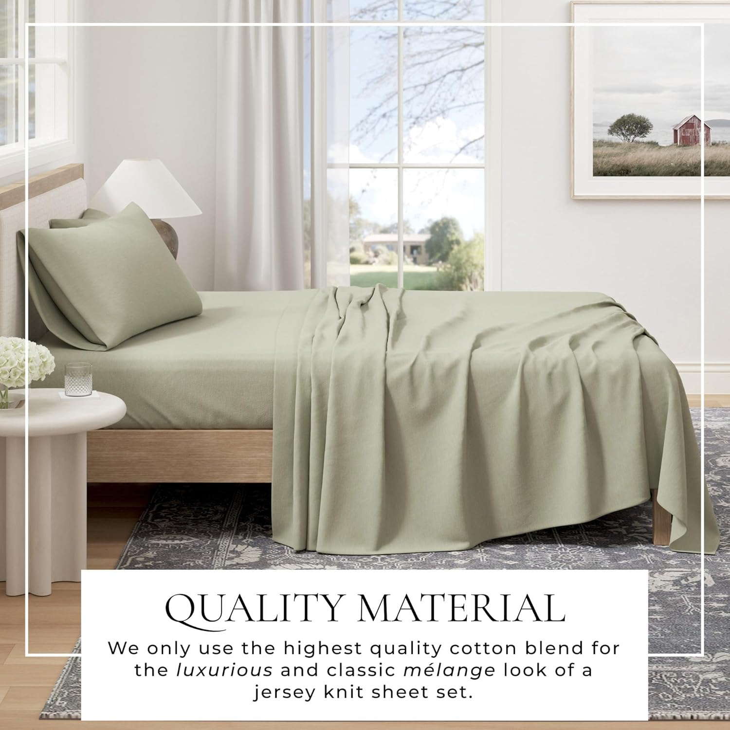 Great Bay Home Cotton Jersey Knit Queen Sheet Set - Ultra-Soft, Stretchy, Heathered Melange Bed Sheets - Cozy, Soft T-Shirt Sheet & Pillowcase Set (Heathered Olive)