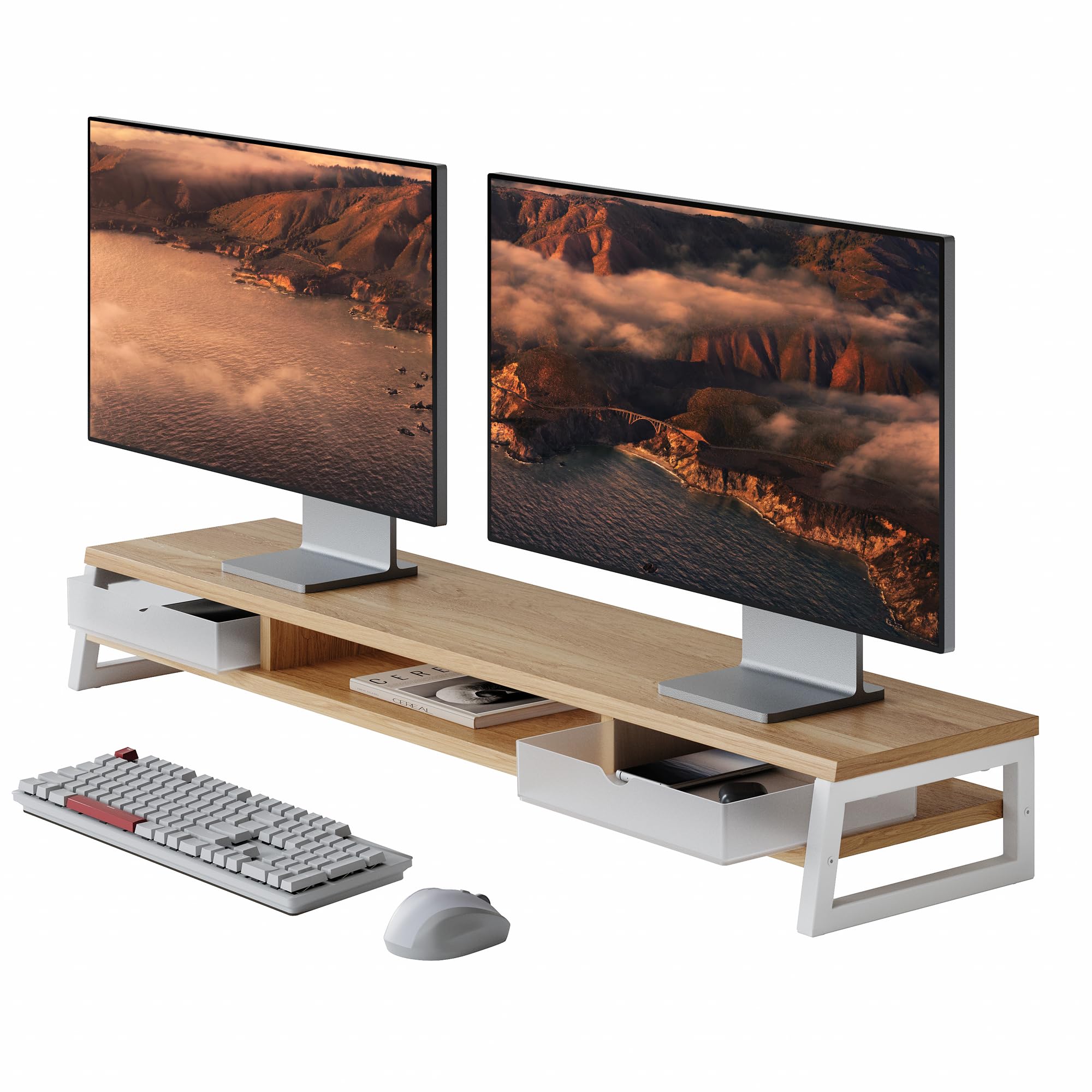 Fenge Supporto doppio per monitor con 2 cassetti in acrilico, 2 ripiani, 108 cm, per PC, laptop, fax, stampante, TV, portata 45 kg (rovere scuro)