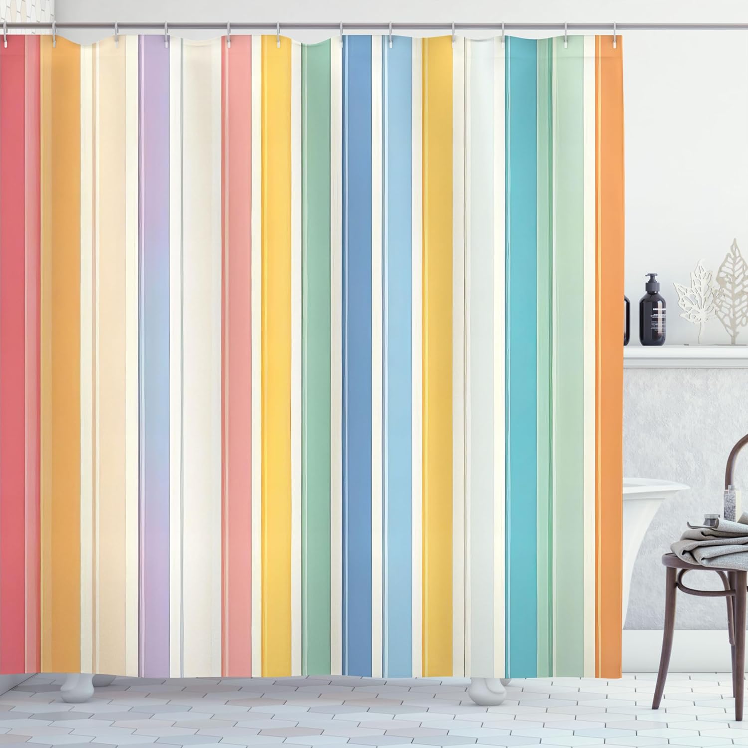 Ambesonne Striped Shower Curtain, Modern Style Vertical Lines in Happy Pastel Colors Cheery Delicate Rainbow, Cloth Fabric Bathroom Decor Set with Hooks, 69" W x 70" L, Yellow Multicolor
