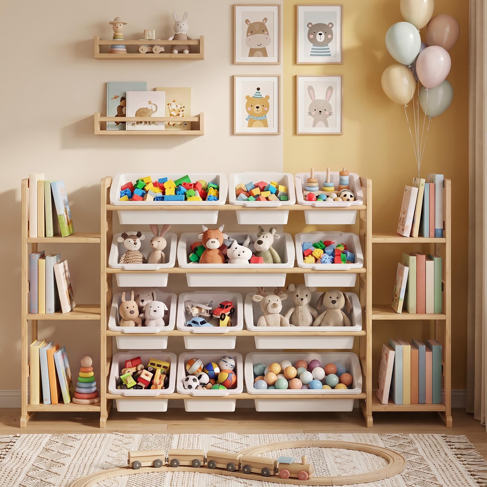 Xbro Kinderregal aus Bambus, 12 Boxen, Spielzeug Aufbewahrung