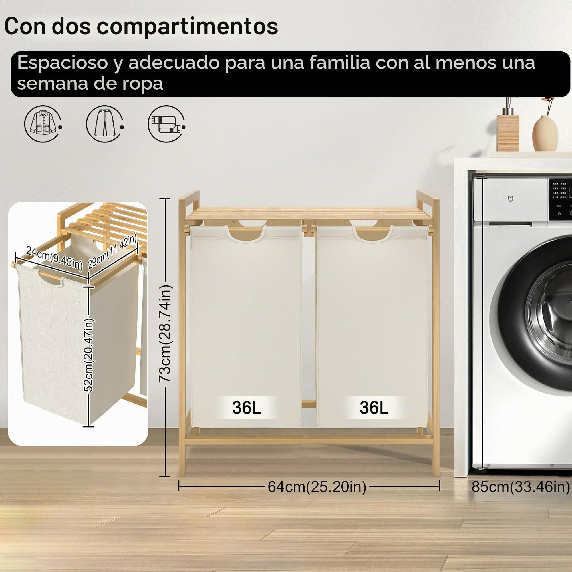UISEBRT - Cesta de lavandería (bambú con 2 compartimentos, 72 l, tejido Oxford, sistema de clasificación de ropa extraíble y lavable, 73 x 64 x 33,5 cm), color beige