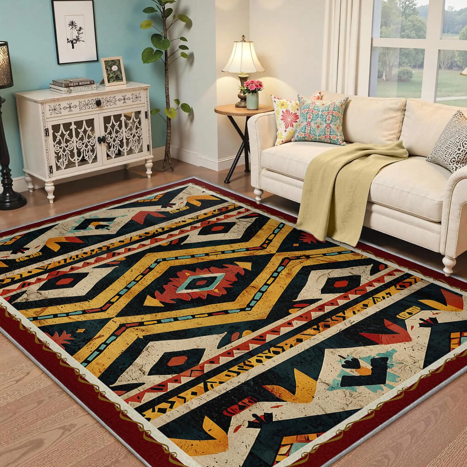 Tapis aztèque lavable 150x240cm grand format géométrique et ethnique