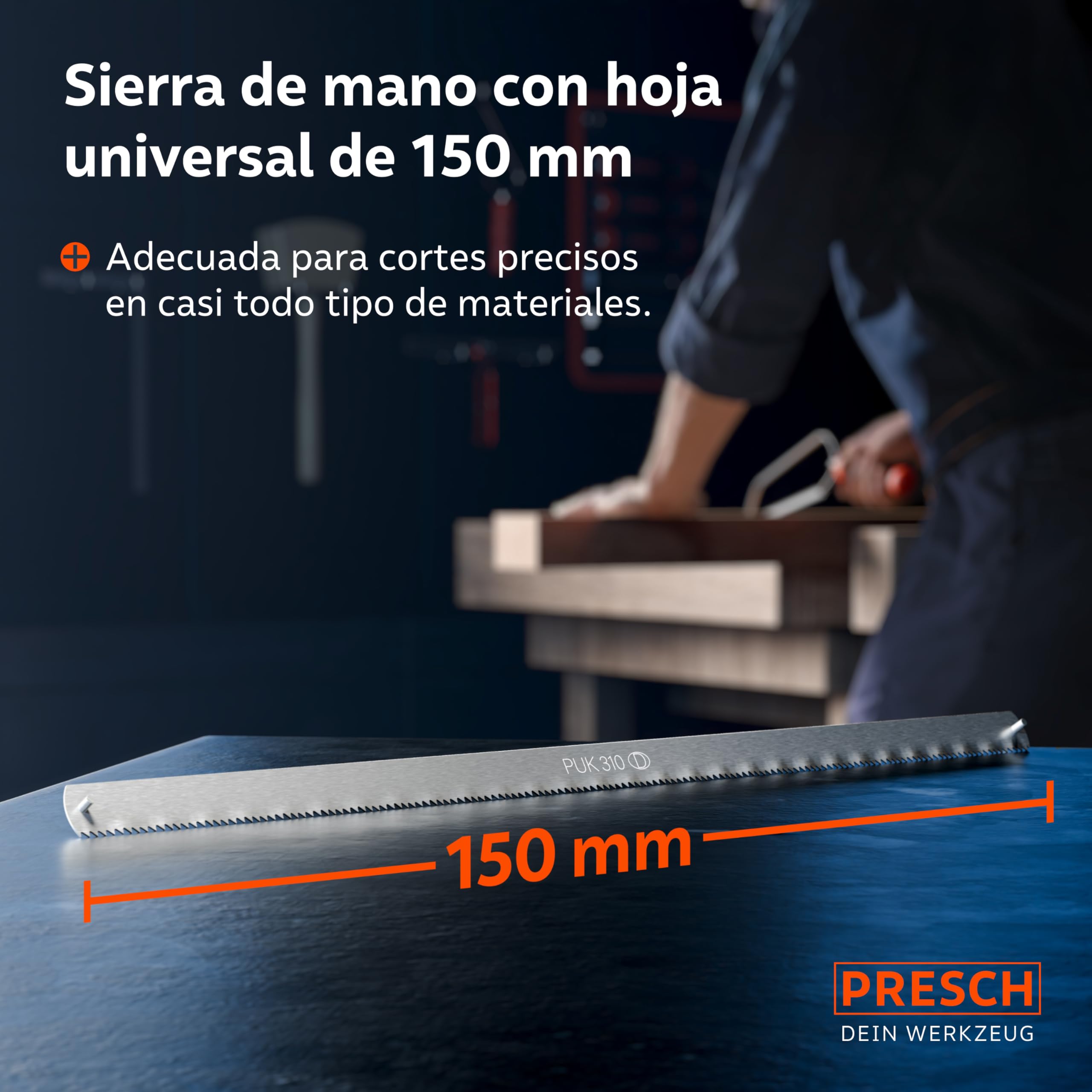 Presch Sierra de arco plegable PUK 150mm incl. hoja de sierra universal - Sierra plegable PUK con mango ajustable - Sierra pequeña para metal no ferroso, plástico, aluminio, todas las maderas