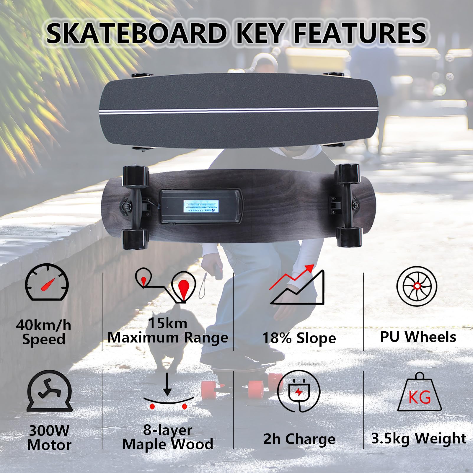 Longboard Électrique Tout-Terrain, Écran LCD a Distance, Batterie 4500 Mah, Autonomie de 15 Km, Freinage Progressif et 4 Vitesses, Capacité de Charge de 90 Kg, Plateau en Érable H