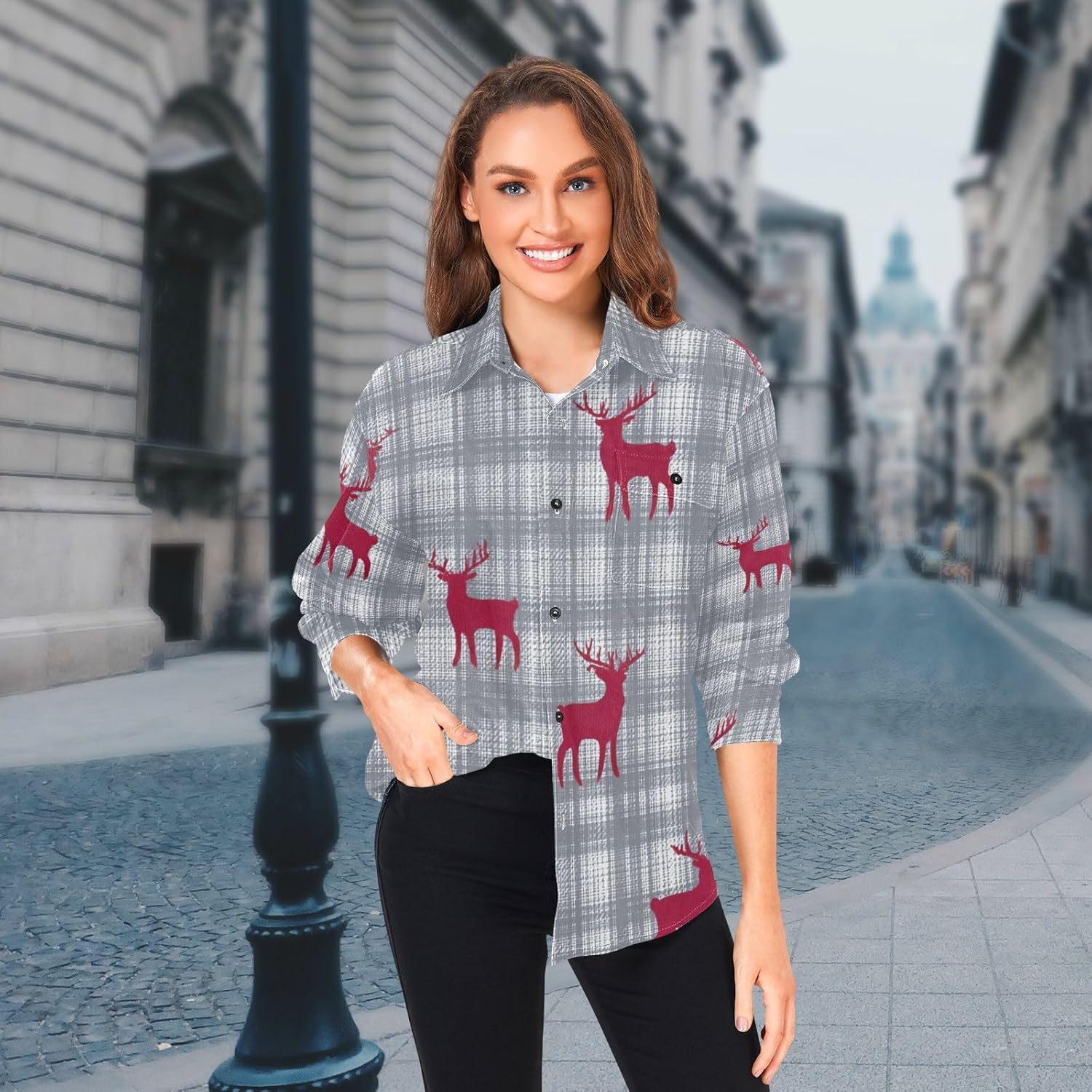 Gray Gingham Reindeer Red Woolen Cord Fabric Mens Rugby Shirts Long Sleeve for Women Medium with Pockets