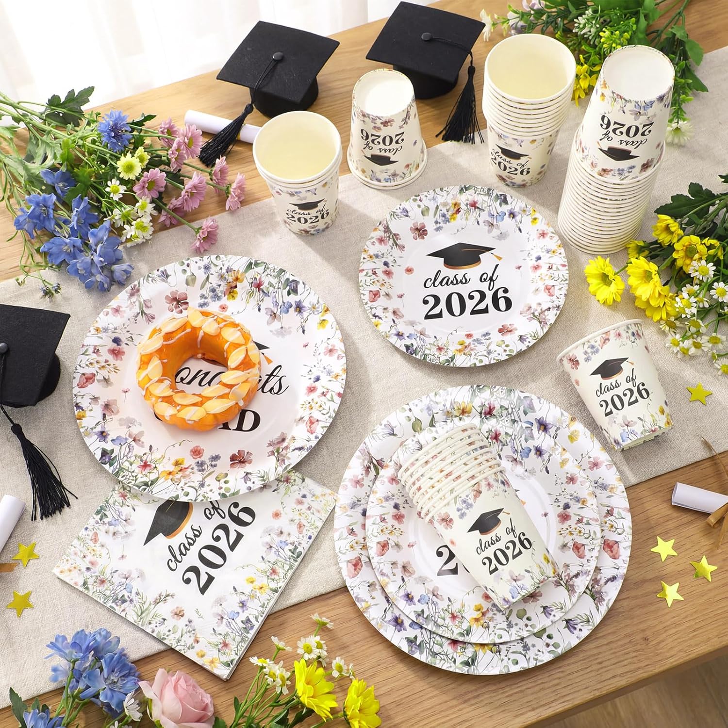 Hsei 250 Pcs Wildflower Graduation Disposable Plates and Napkins Floral Congrats Grad Disposable Tableware Set for 50 Guests Wildflower Paper Plates Napkins Cups for Girls Nurses Graduation Party