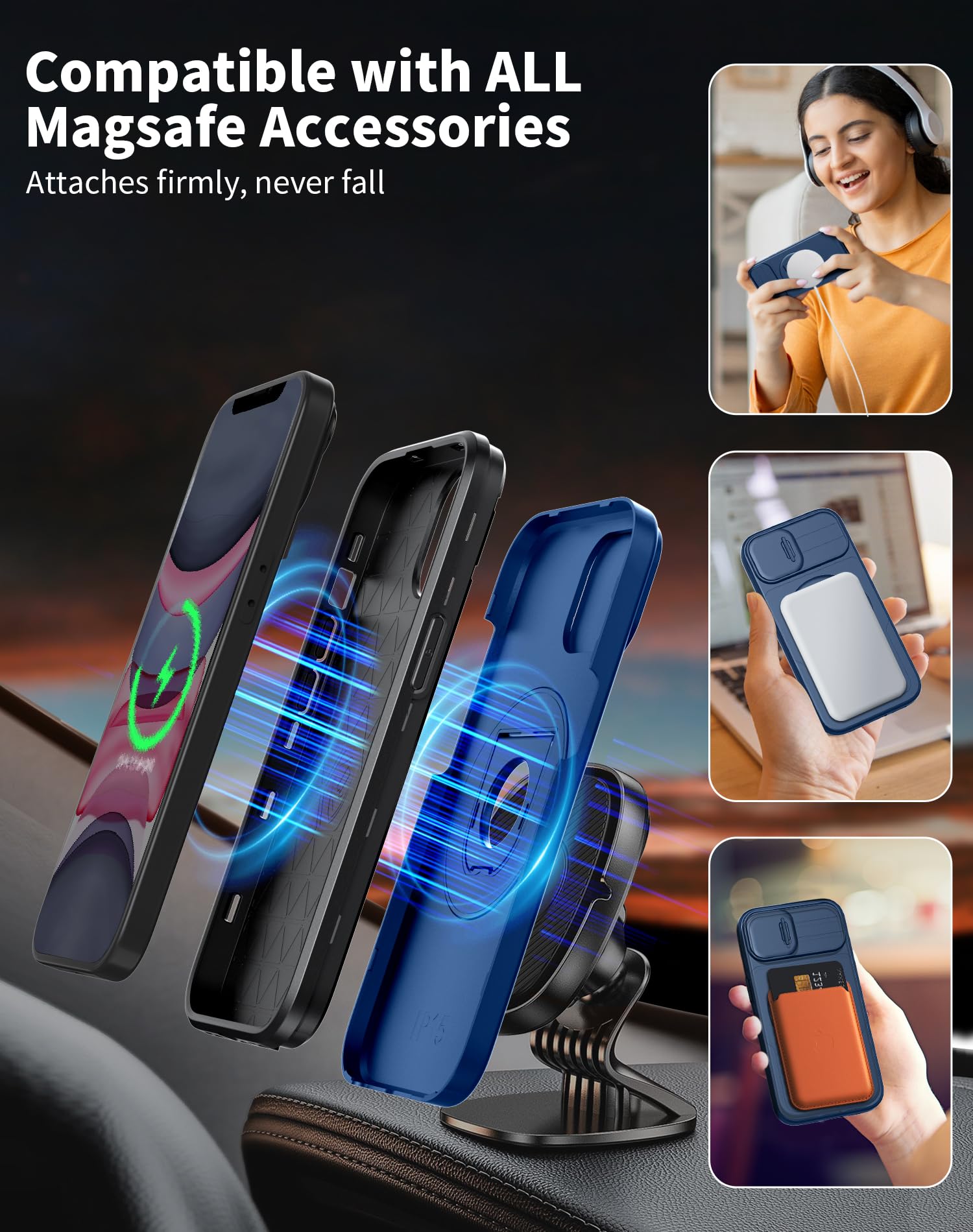 FRLMOOES for iPhone 11 Case/for iPhone XR Case Magnetic Compatible with MagSafe Wireless Charging,with 2 Screen Protectors,with Kickstand Ring+Camera Cover Shock-Absorbent Heavy Duty Protection Blue - Image 2