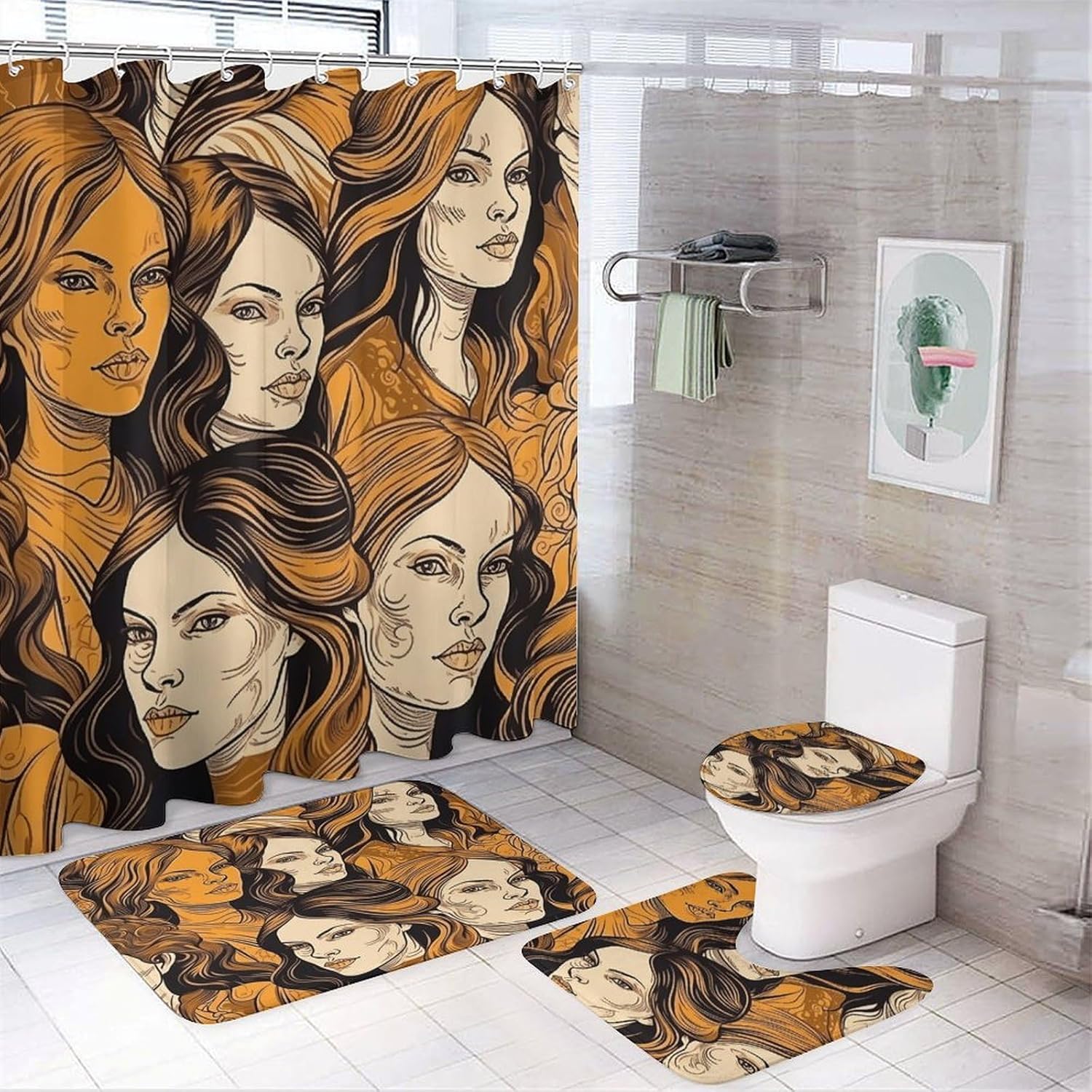 Female Face 4Pcs Shower Curtain Set with Non-Slip Rugs, Toilet Lid Cover and Bath Mat,Bathroom Set Decor Accessories,Curtain Set with 12 Hooks, 72 X 72 Inch