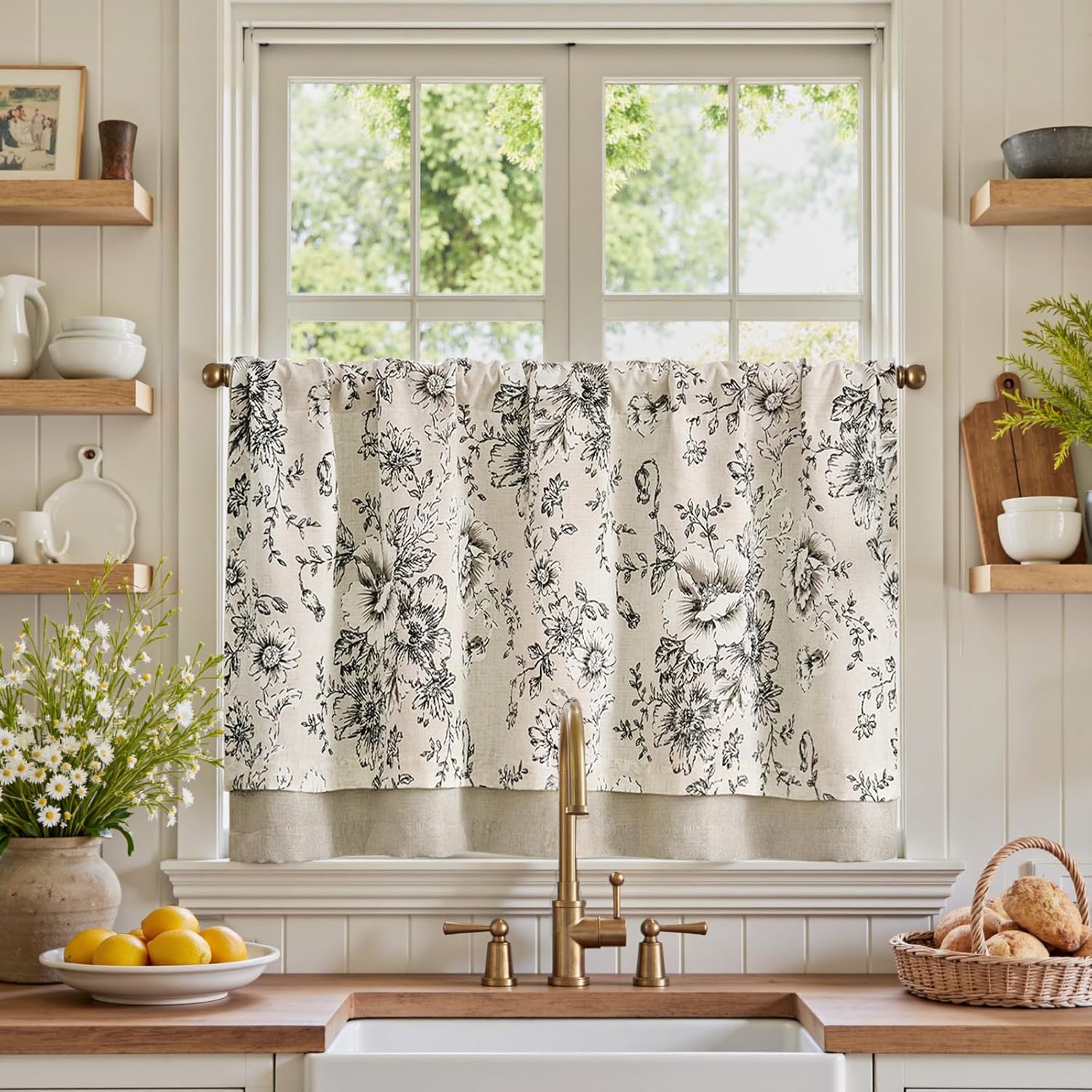 jinchan Linen Kitchen Curtain 24 Inch French Floral Double Layer Curtain Farmhouse Vintage Tier Drape Rustic Half Window Curtain for Living Room Window Treatment Rod Pocket 1 Panel Black on Beige Floral Black on Beige 50"W x 24"L (Pack of 1)