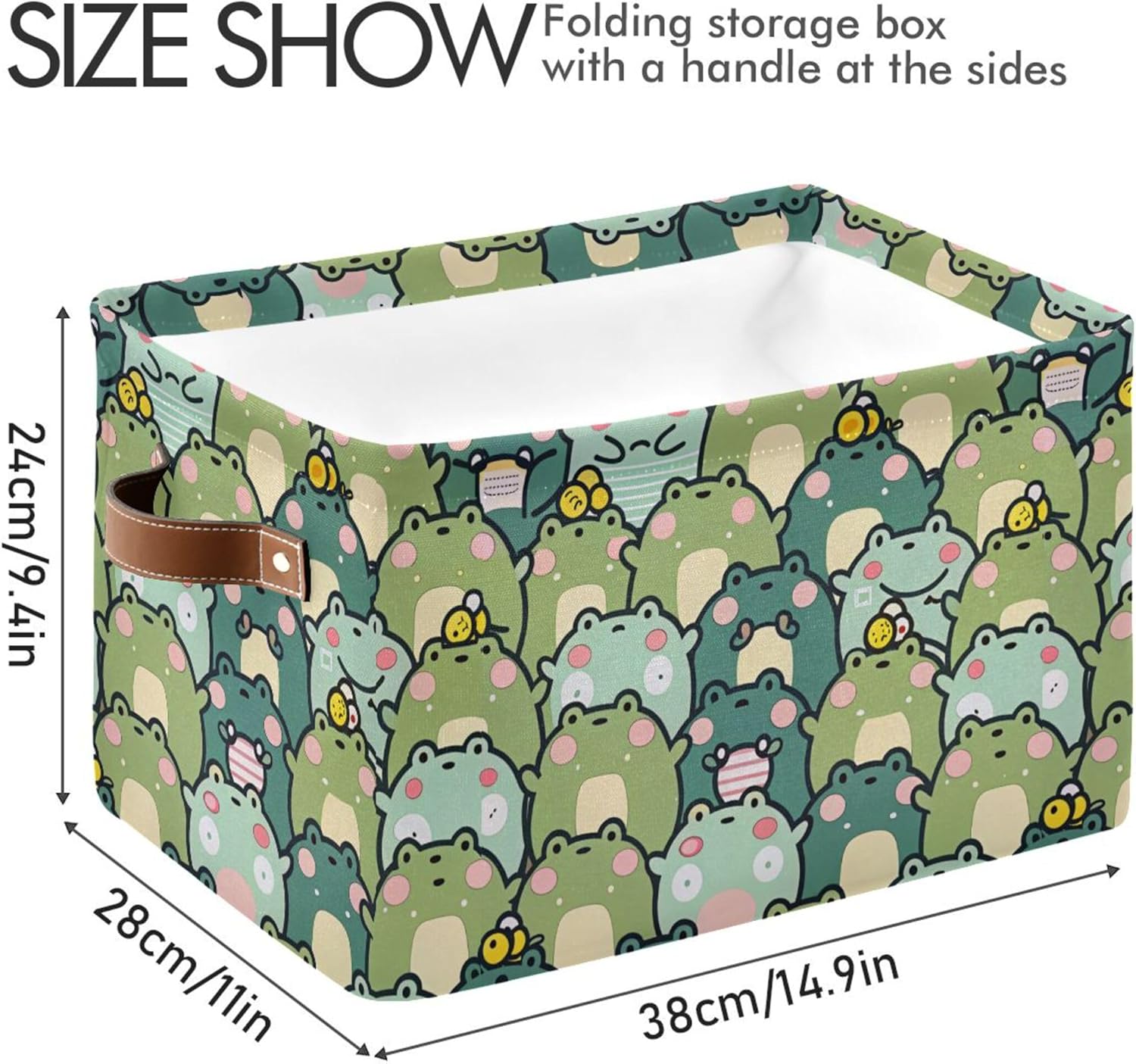 xigua Kawaii Frogs Storage Basket Collapsible Storage Bins Waterproof Canvas Storage Basket with Leather Handles for Home Closets Offices,Bedrooms,Gift Baskets,2PCS