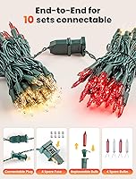 Vista 3 de Luces de Navidad rojas transparentes, 50 luces incandescentes de 13 pies, cadena de luces de Navidad de alambre verde enchufable impermeable