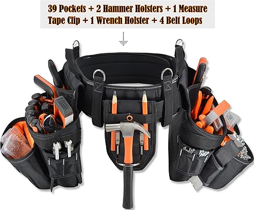 Miniatura 2 de WELKINLAND Cinturones de herramientas de 39 bolsillos para hombres con tirantes, cinturón de herramientas acolchado de 4 pulgadas, cinturón de