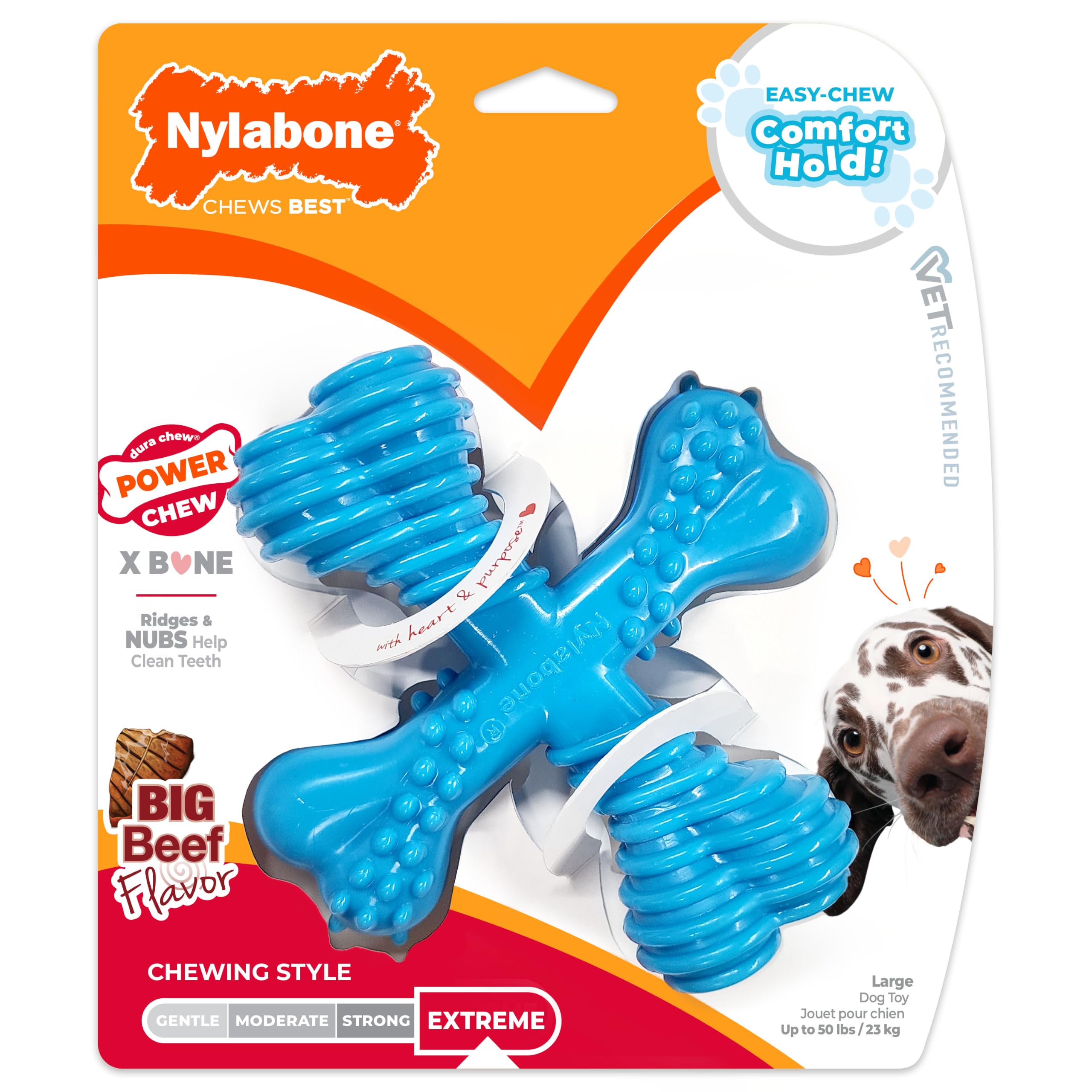 Nylabone Extreme Tough Dog Chew Toy X-Bone, Durable, Cleans Teeth, Beef Flavour, Large, for Dogs Up to 23 kg