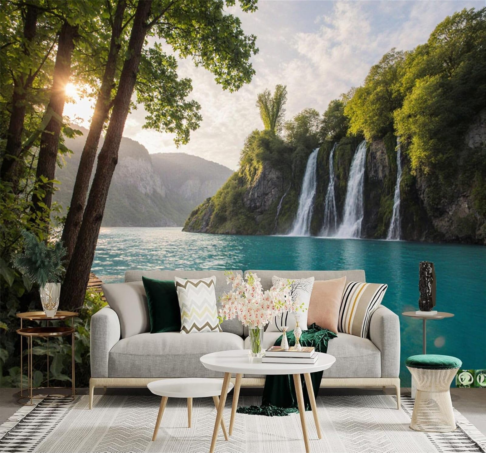Xlming 150Cm×105Cm(B×H) Waterfalls Sunshine Rivers Forests Mountain Scenery 3D Wallpaper Silky Texture Home Study Office Grey Dining Room Sofa Bedroom Living Room Tv Backdrop-150Cm×105Cm