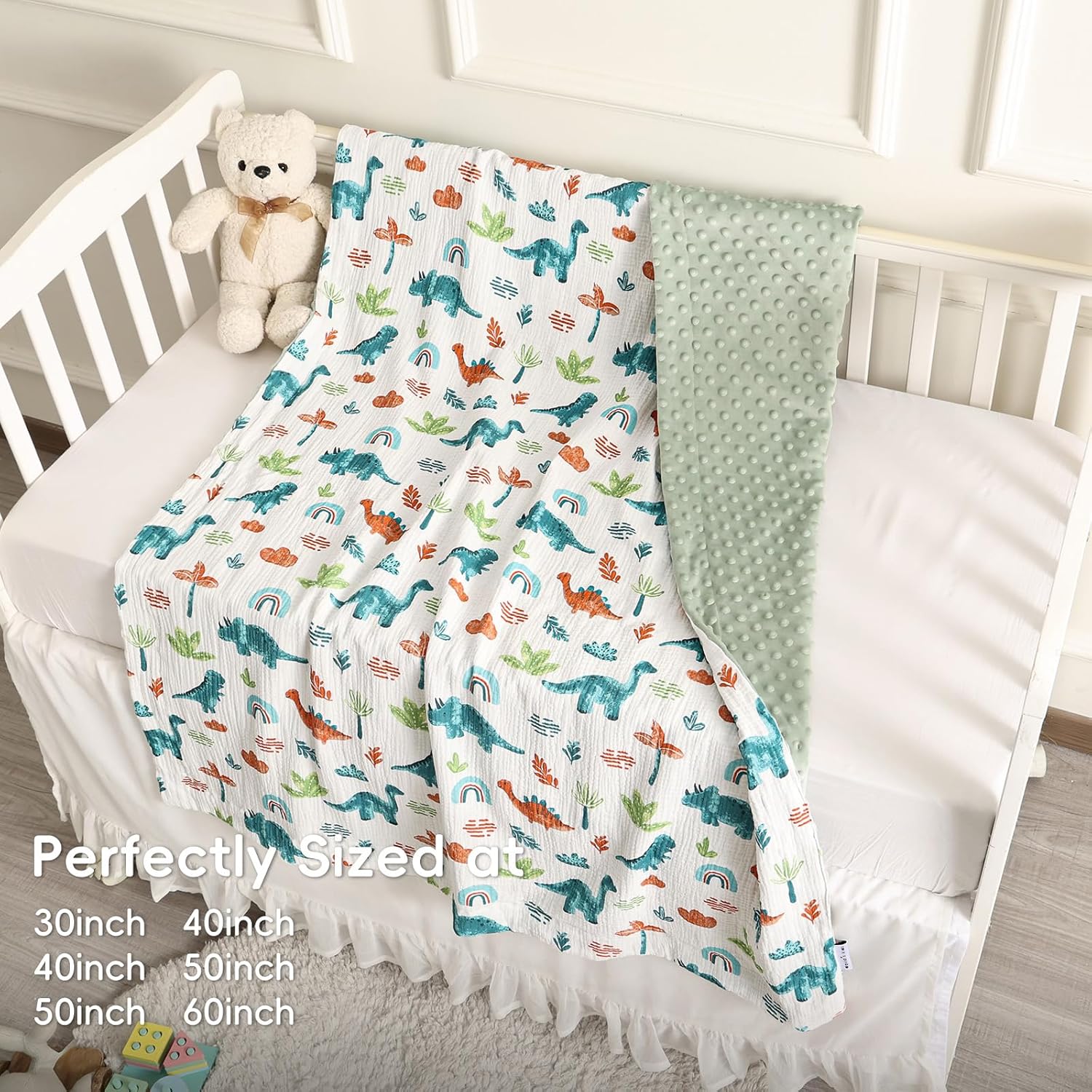 david's kids Muslin Minky Baby Blanket for Boys Girls with Muslin Cotton Front and Dotted Fleece Backing, Breathable and Soft Lightweight Receiving Blanket for Newborns, 40x50 Inches, Dinosaur - Image 7