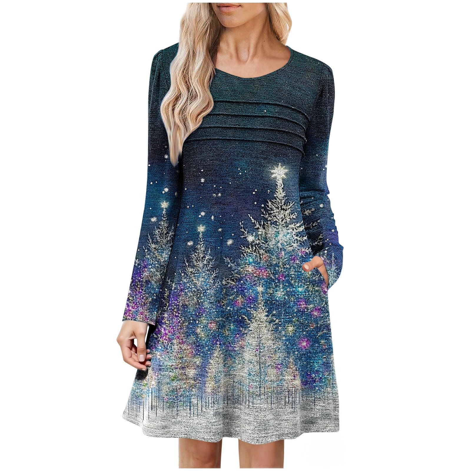 Women Christmas Dress Long Sleeve Xmas Holiday A Line Dresses Crew Neck Pleated Ugly Christmas Tunic Dress for