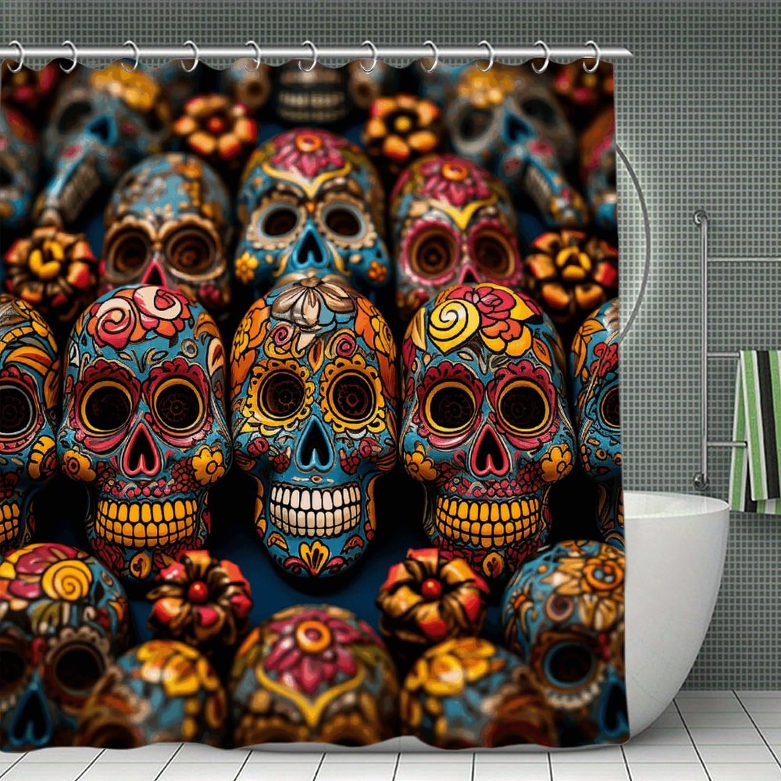 VstaDank Colorful Sugar Skulls Bath Curtain Elegant Heavy Duty Shower Curtains 70x70 in Rustic Farmhouse Cloth Shower Curtains Neutral Modern Bath Curtain for Bathroom