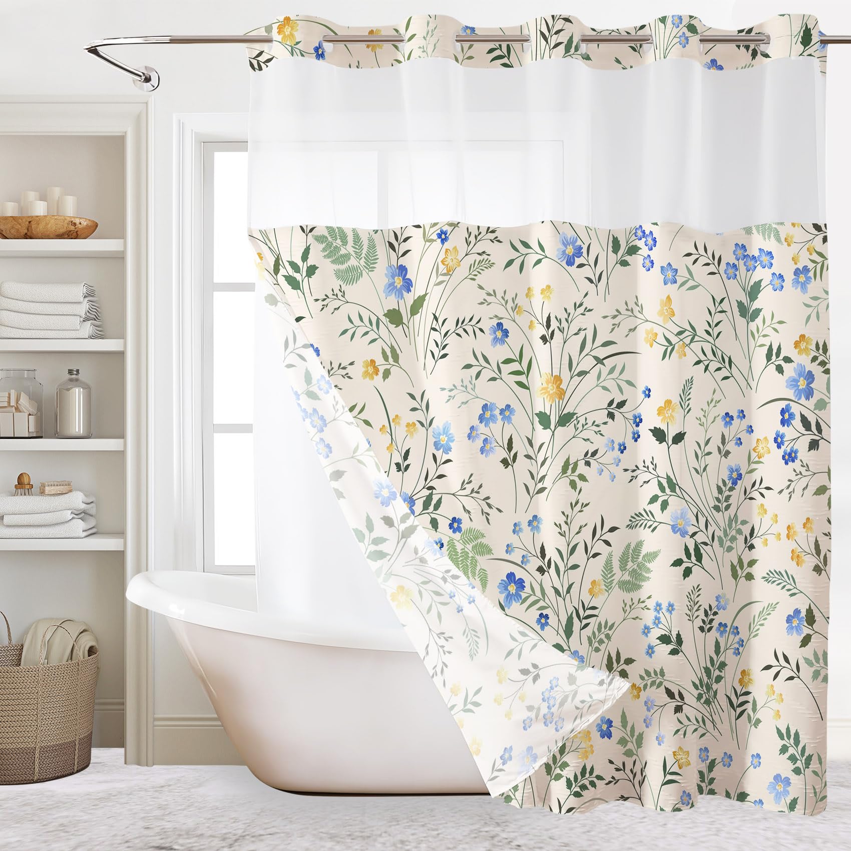 Rideau de douche sans crochet avec doublure amovible clipsable étanche
