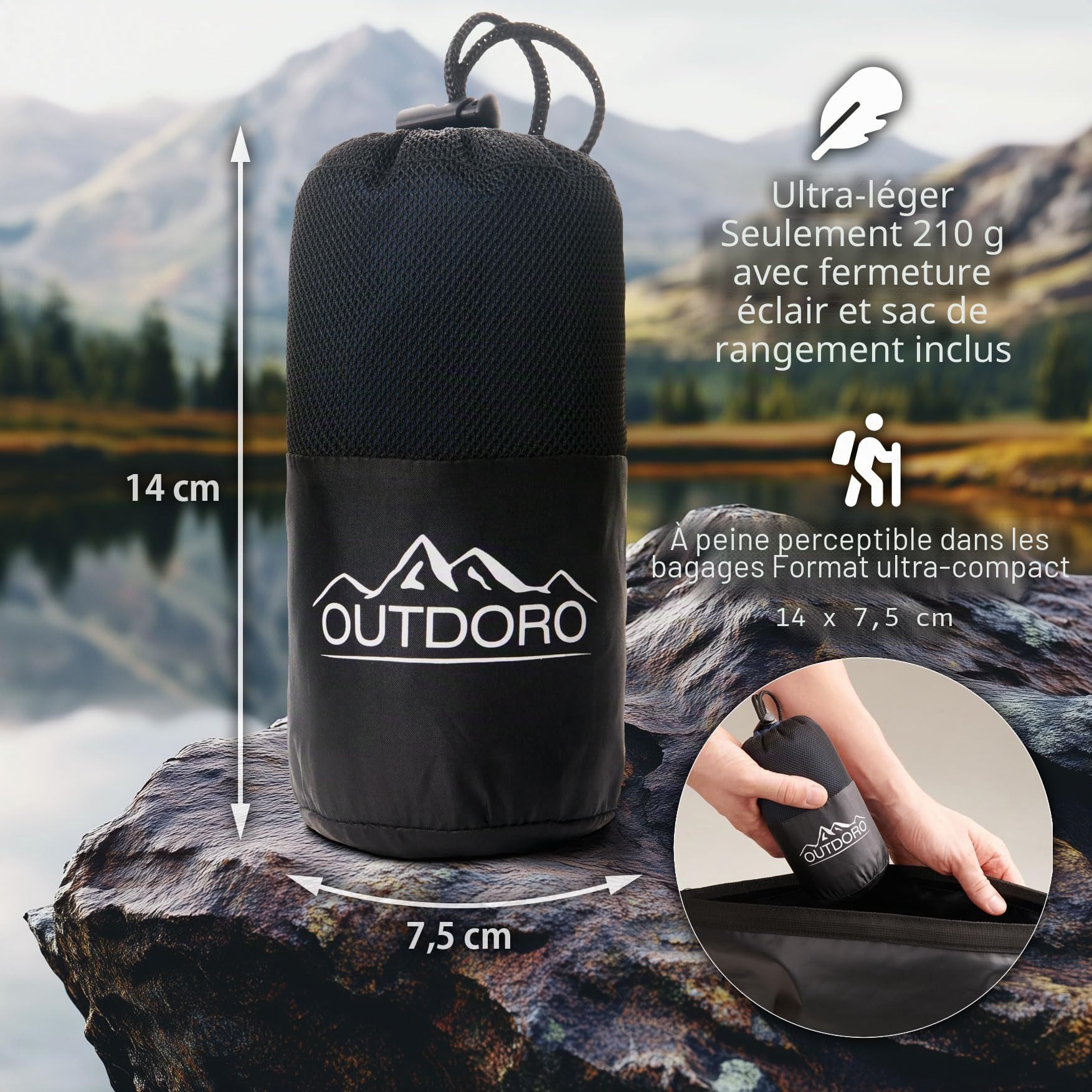 Sac de couchage Outdoro – Seulement 230 g en microfibre innovante – Sac de couchage de voyage ultra léger – Petit, fin et compact – Enduction, drap de voyage