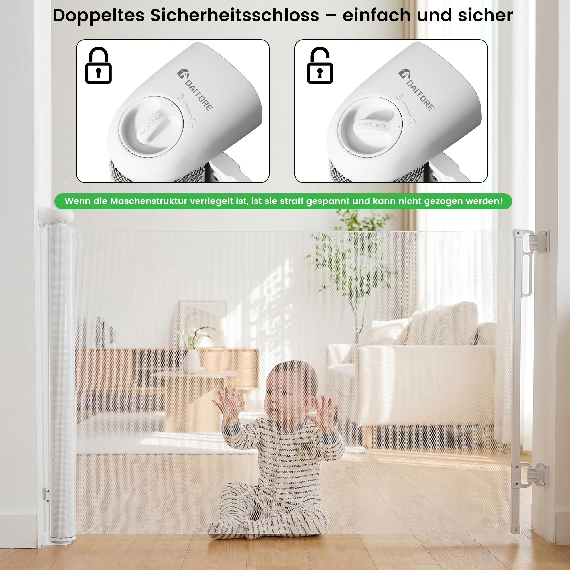 Treppenschutzgitter Ausziehbar 0-180 cm, Baby Absperrgitter Kinderschutzgitter, Türschutzgitter für Babys und Haustiere Treppengitter für Treppen, Türen, Terrasse(Weiß)
