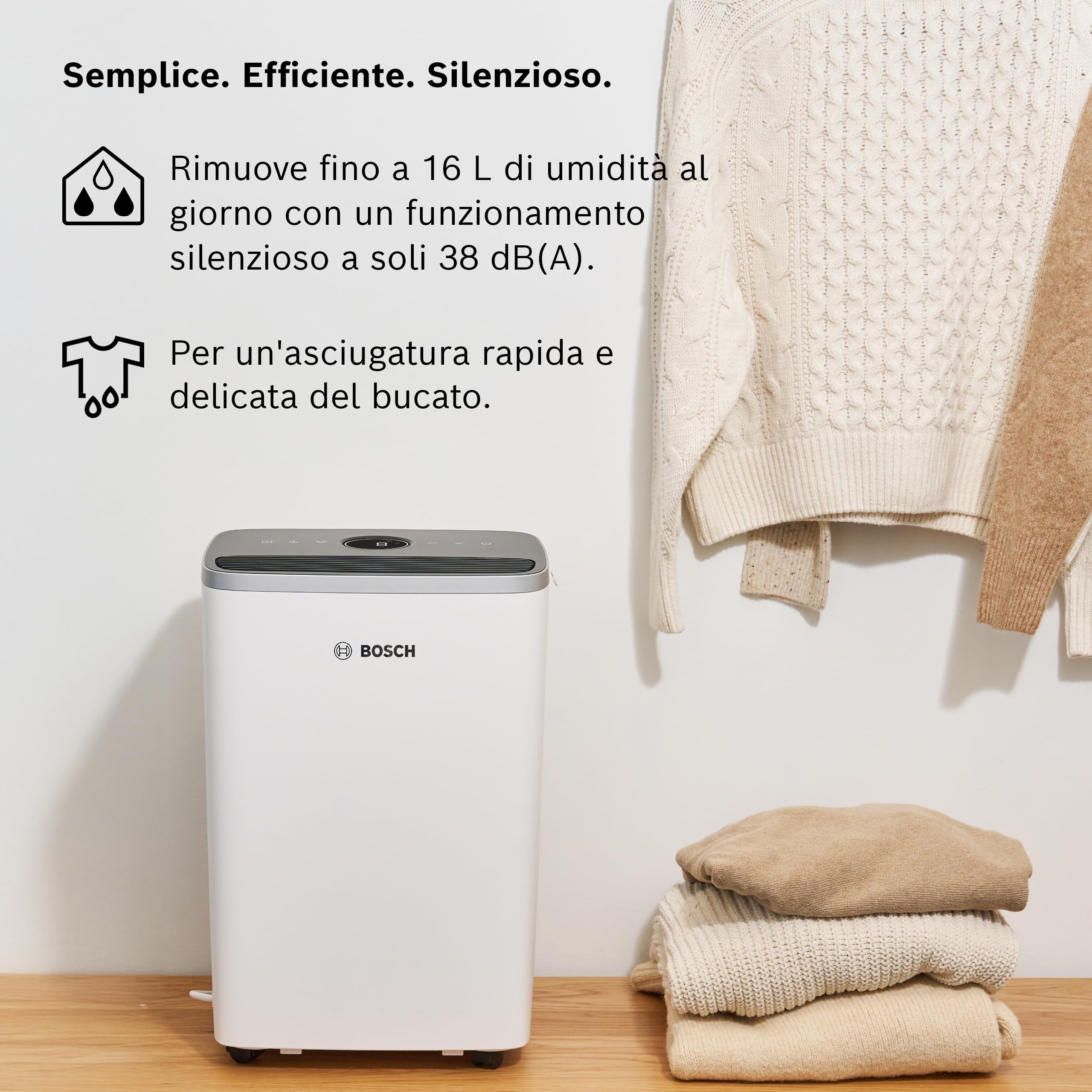 Bosch Dry 4000 - Deumidificatore - Facile. Efficiente. Tranquillo. Per la tua casa e la tua camera da letto - Per Stanze fino a 33 m² - Asciugatura rapida per il tuo bucato
