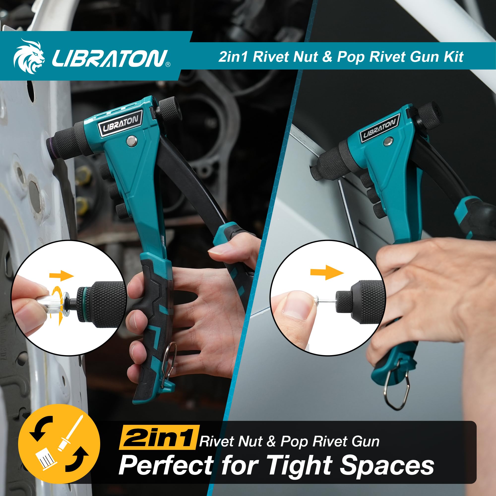 LIBRATON Kit de Remachadora de Tuercas y Remaches 2 en 1, con 4 Mandriles (M3-M6), 4 Boquillas (2.4-4.8mm), 40 Tuercas y 200 Remaches, Remachado Ajustable para Bricolaje y Reparaciones, con Caja
