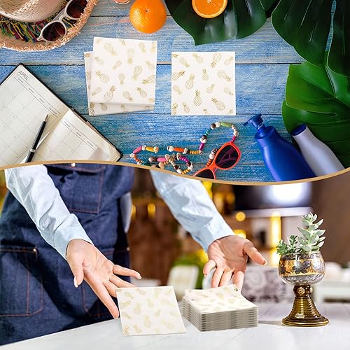 Miniatura 5 de Outus Servilletas de cóctel de piña de 5 x 5 pulgadas, servilletas de papel de piña de verano desechables con estampado dorado para bebidas,