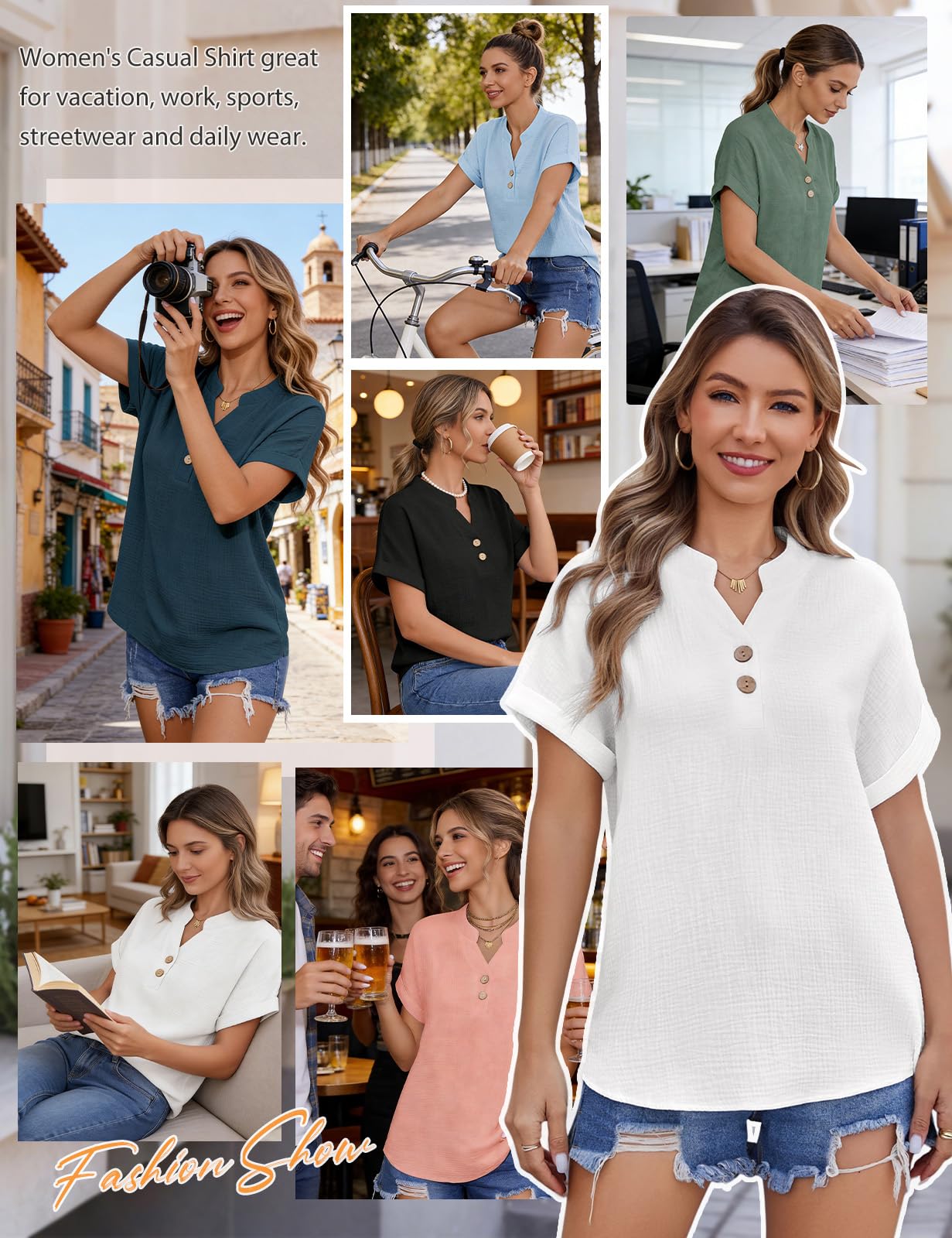 CMTOP Camicia Donna Estiva Cotone Camicetta Eleganti Scollo a V Top Moda Tinta Unita Classico Bottoni Top Casual Sciolto da Lavoro Tunica