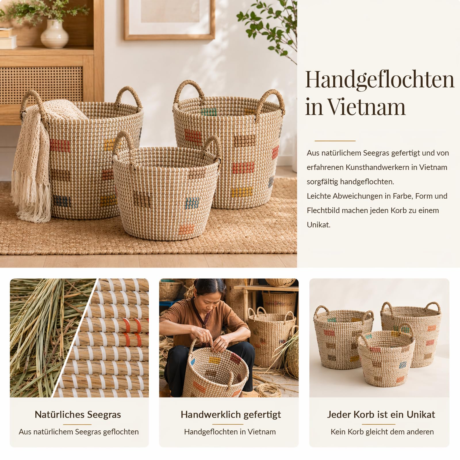 3er Set Aufbewahrungskorb Seegraskorb mit Griffen, Wäschekorb Geflochtener Korb, Handgeflochtener Spielzeugkorb aus Vietnam, 45L/29L/20L für Wohnzimmer Schlafzimmer Küche Bad Kinderzimmer