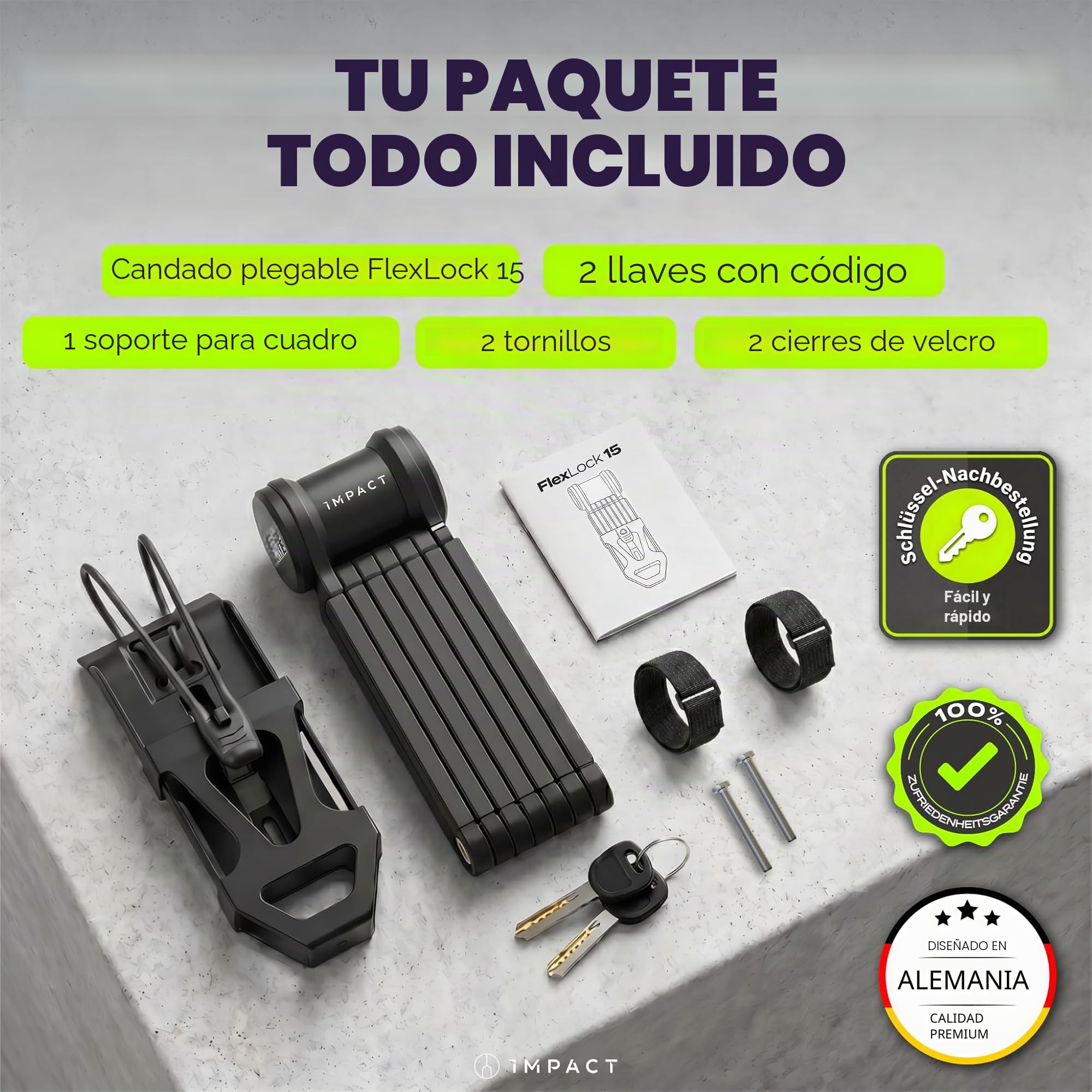 IMPACT FlexLock 15 - Candado plegable premium para bicicleta [alta seguridad] – Práctico candado para bicicleta con nivel de seguridad de 15 a 120 cm – Resistente candado para bicicleta soporta hasta