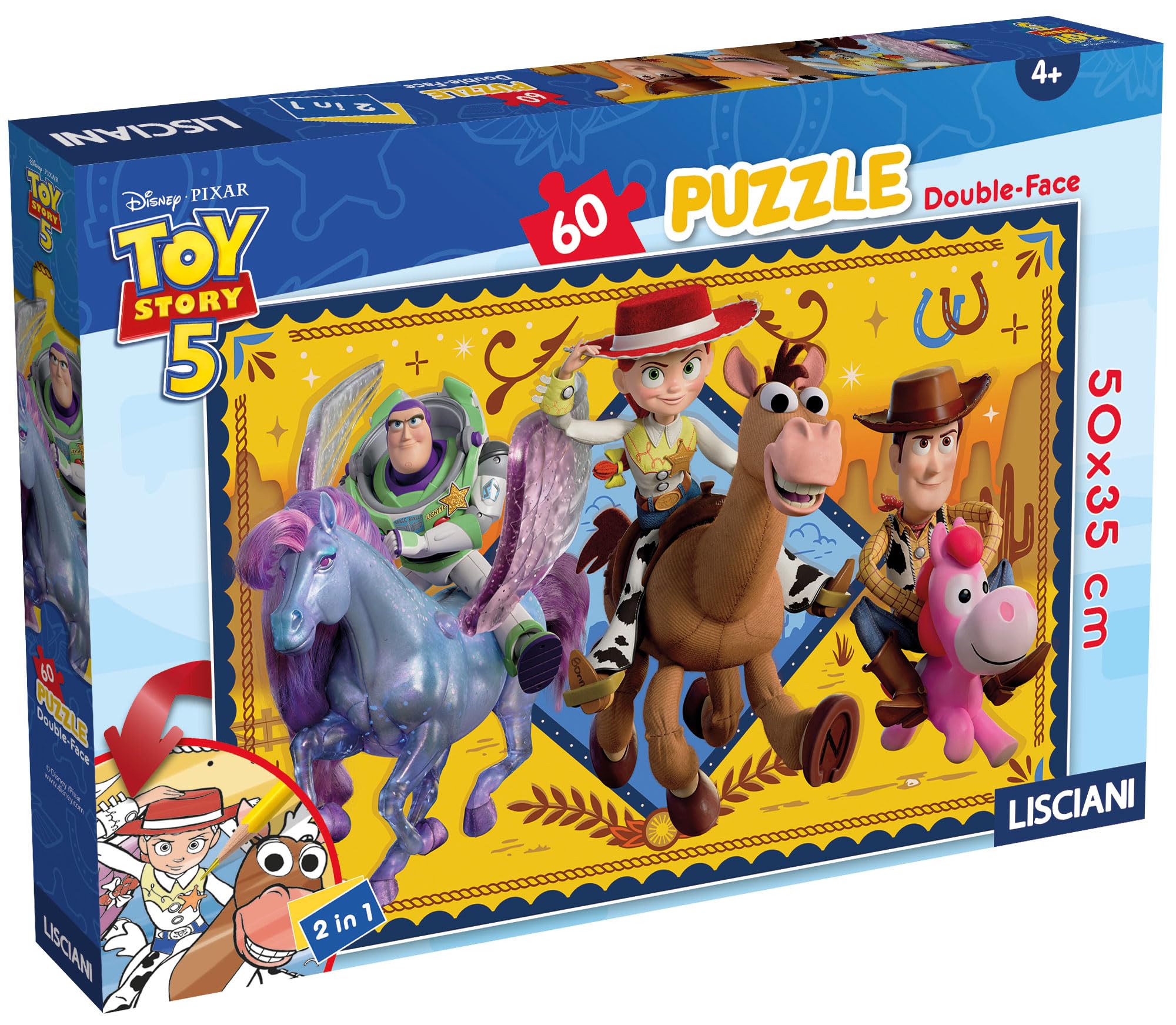 Lisciani - Disney Toy Story 5 - Puzzle 60 Pieces for Children 4+ - Double-Sided Puzzle with Toy Story Coloring on the Back - 2-in-1 Activity - Size 50 x 35 cm - Disney Creative Game for Kids