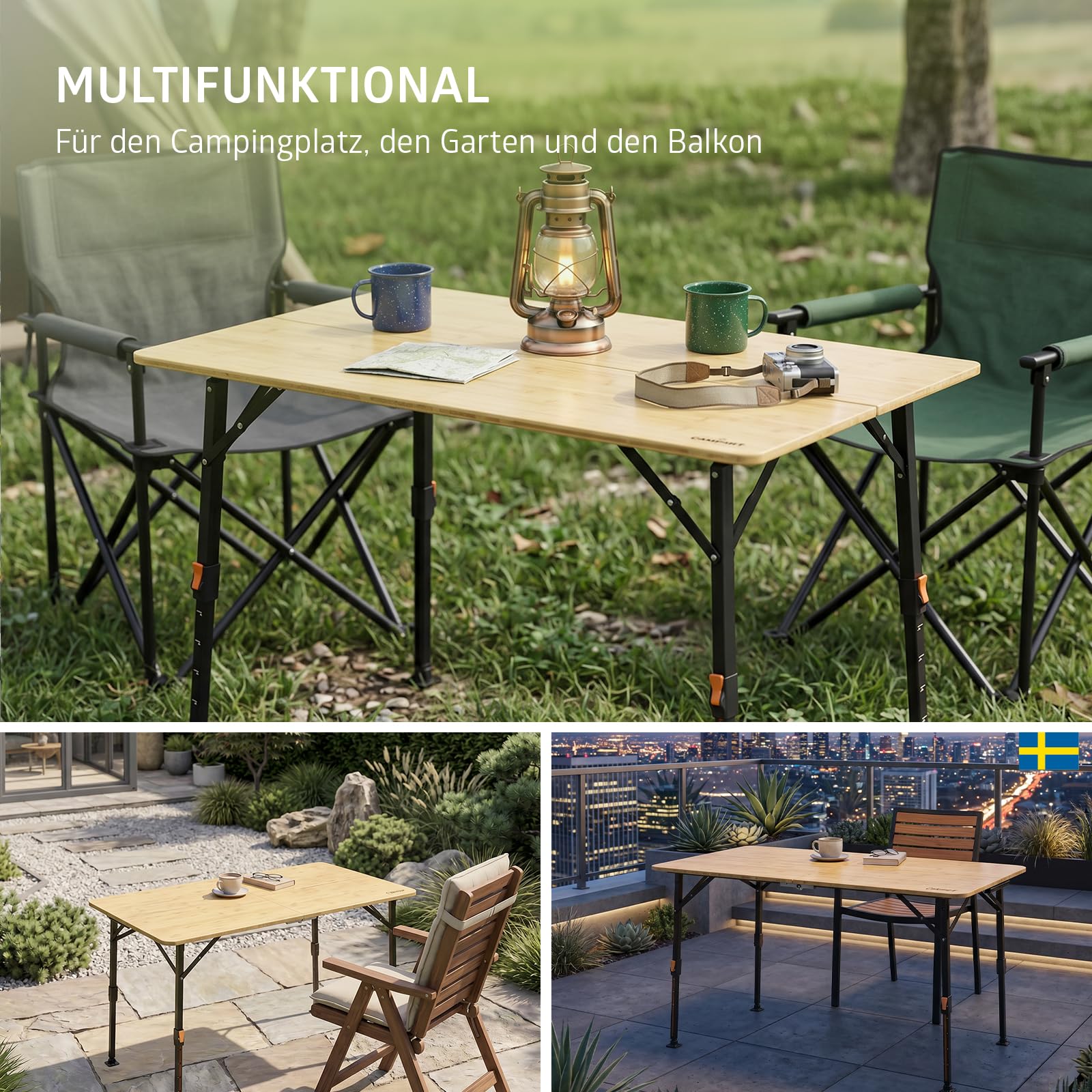 Campout Campingtisch - 120 x 70 x 70 cm - Gartentisch - Klappbarer Campingtisch - Klapptisch - 3-Fach Höhenverstellbar - Inkl. Tragetasche - Bambus