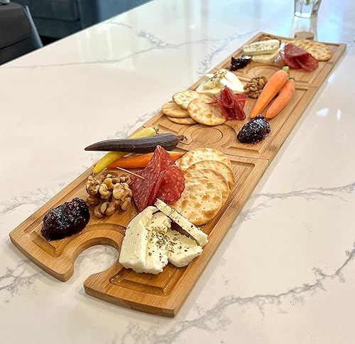 Miniatura 4 de Juego de tablas de embutidos de bambú, diseño único de piezas de rompecabezas con soporte para copas de vino, tabla de quesos de charcutería,