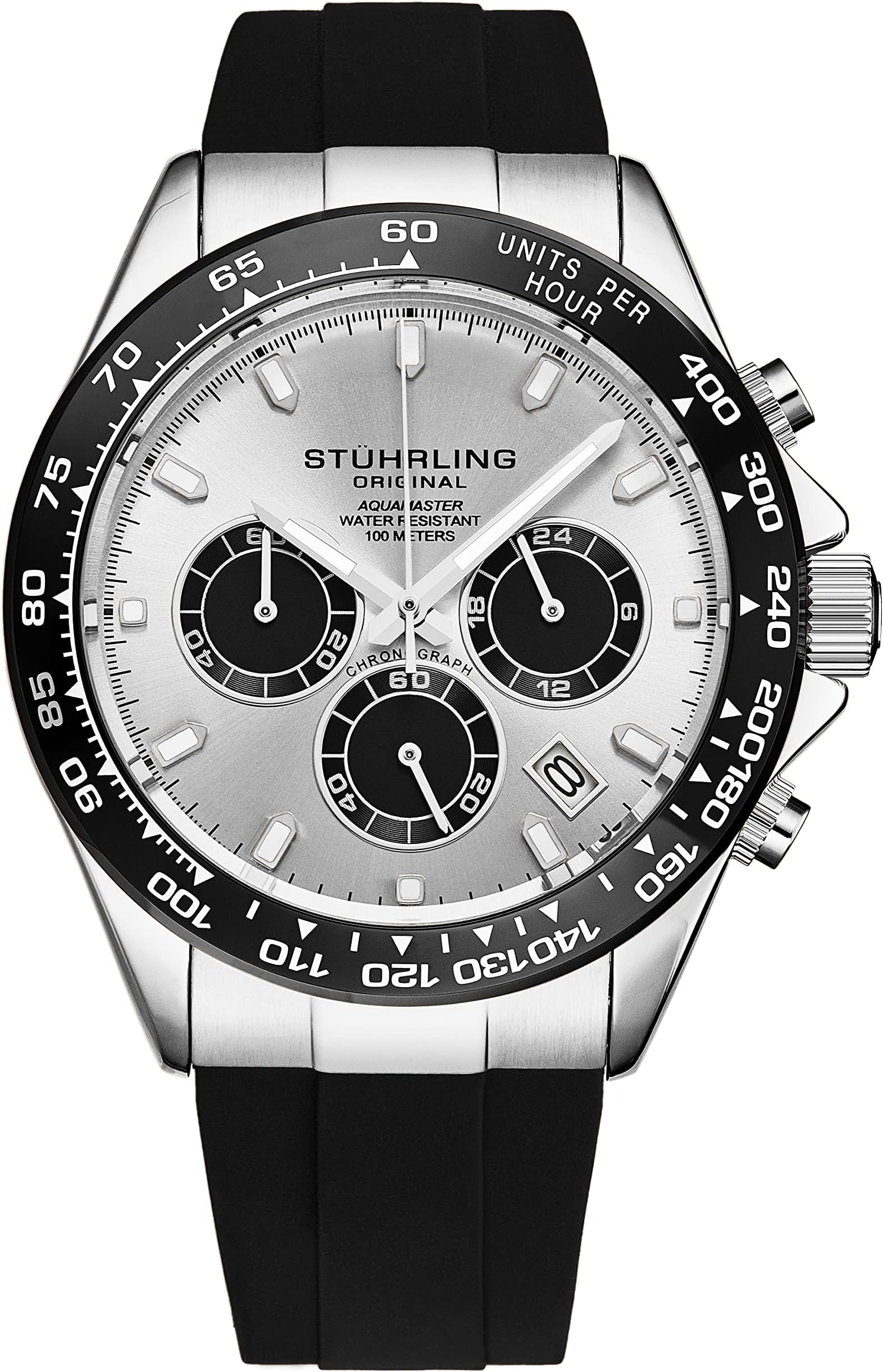 Stuhrling Aquamaster Quartz Chronograph Watch Silver Dial Screw Down Crown Luminous Hands, Ceramic Bezel, Black Rubber Band for Men 42mm Case Date Water Resistance