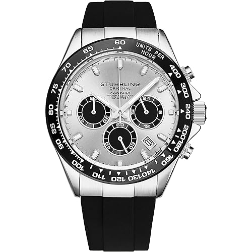 Stuhrling Aquamaster Quartz Chronograph Watch Silver Dial Screw Down Crown Luminous Hands, Ceramic Bezel, Black Rubber Band for Men 42mm Case Date Water Resistance