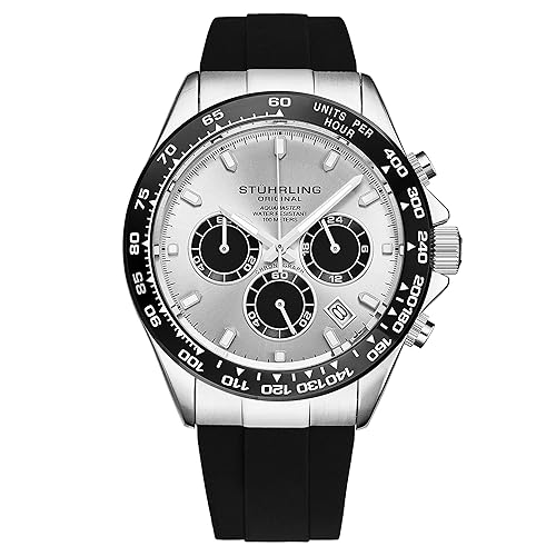 Stuhrling Aquamaster Quartz Chronograph Watch Silver Dial Screw Down Crown Luminous Hands, Ceramic Bezel, Black Rubber Band for Men 42mm Case Date Water Resistance