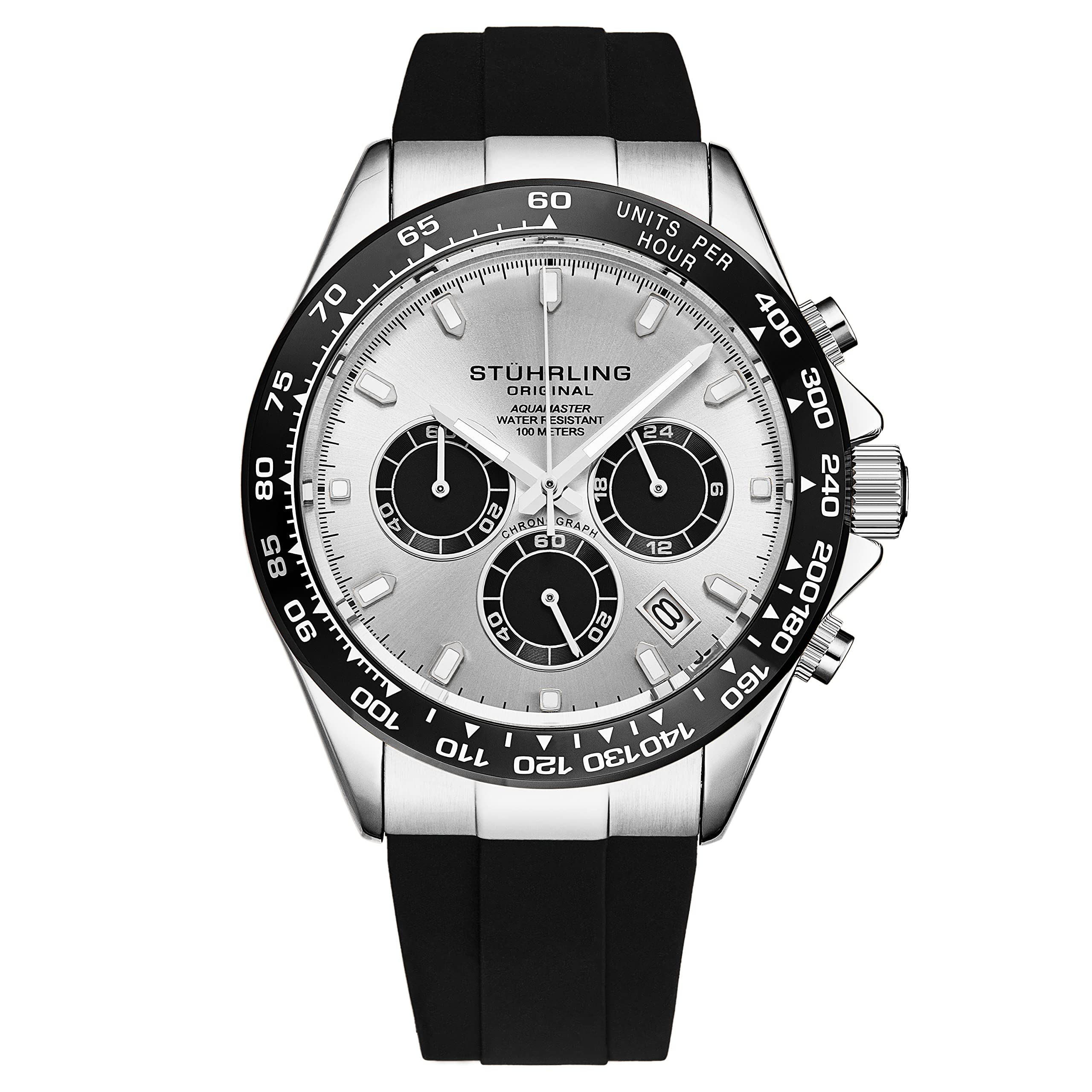 Stuhrling OriginalStuhrling Aquamaster Quartz Chronograph Watch Silver Dial Screw Down Crown Luminous Hands, Ceramic Bezel, Black Rubber Band for Men 42mm Case Date Water Resistance