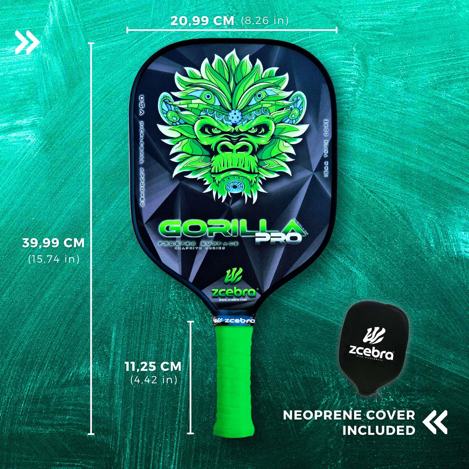 Pickleball Paddle Graphite – Raquette en Fibre de Carbone renforcé 16 mm d'épaisseur de Panneau d'abeille en polypropylène Texture Rugueuse – Set Housse en néoprène – Gorilla Pro Green