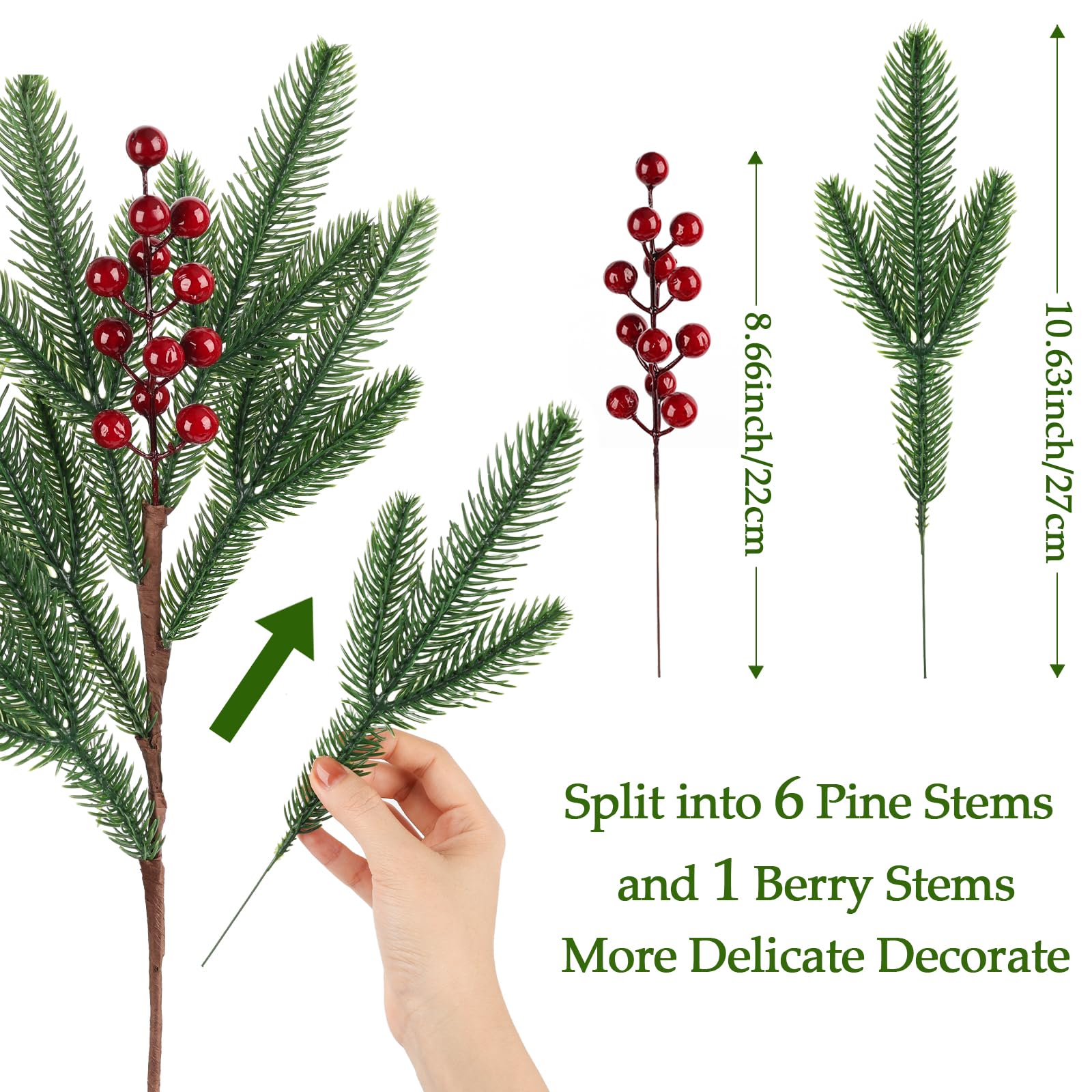 Künstliche Tannenzweige mit roten Beerenstielen, 45,7 cm, künstliche grüne Weihnachtsspieße, fühlen sich echt an, künstliche Blumenblätter für Weihnachtsdekorationen, Innenbereich, Bastelgirlande