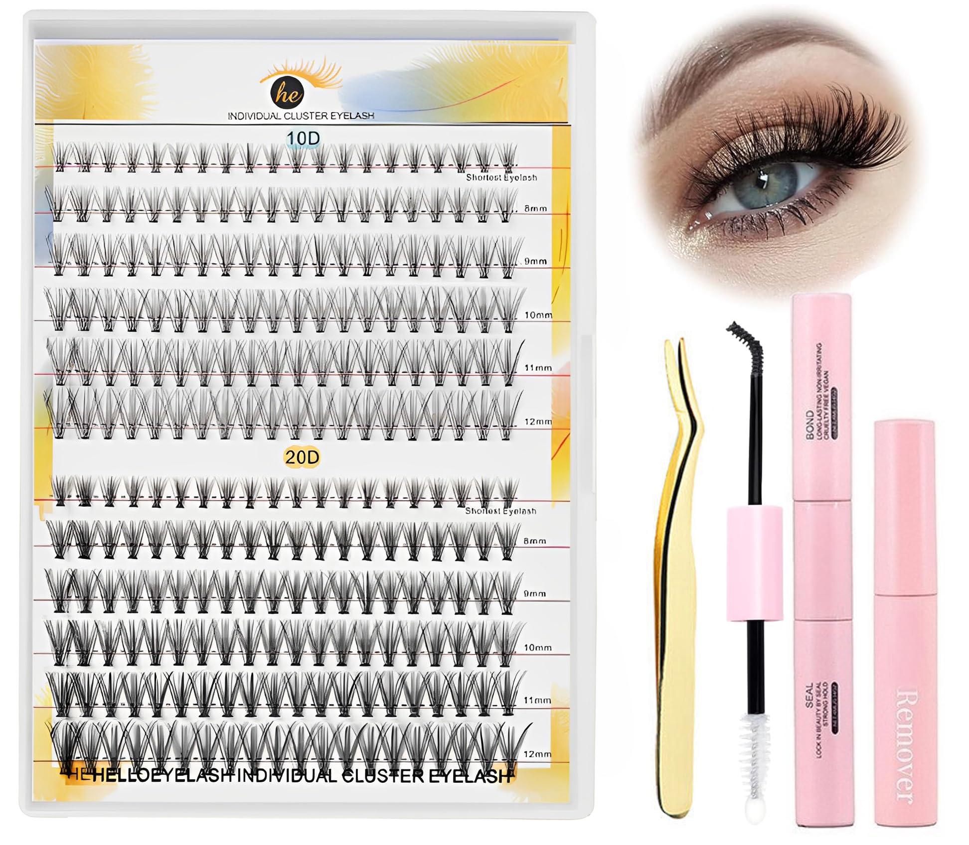 XBLDS DIY Eyelash Extension Kit, DIY Lash Extension Kit 240 Pcs 10D/20D 8-12mm Lash Clusters 3D Effect Individual Lashes With Lash Bond and Remover, Tweezers for Lash Extension (+remover+glue+tweezer)