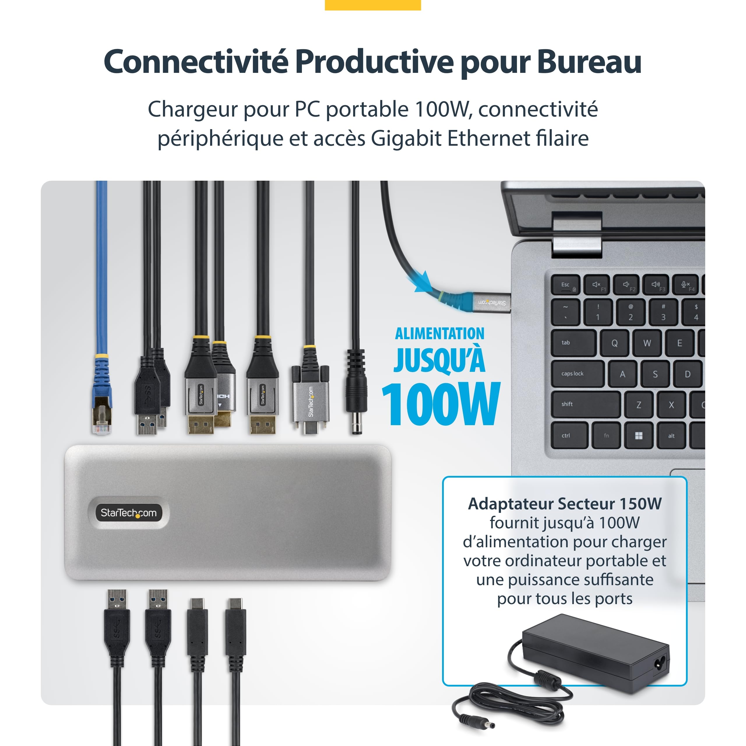 StarTech Dock USB-C Windows sans Pilote, Triple 4K, DP/HDMI, 100W, 6X USB