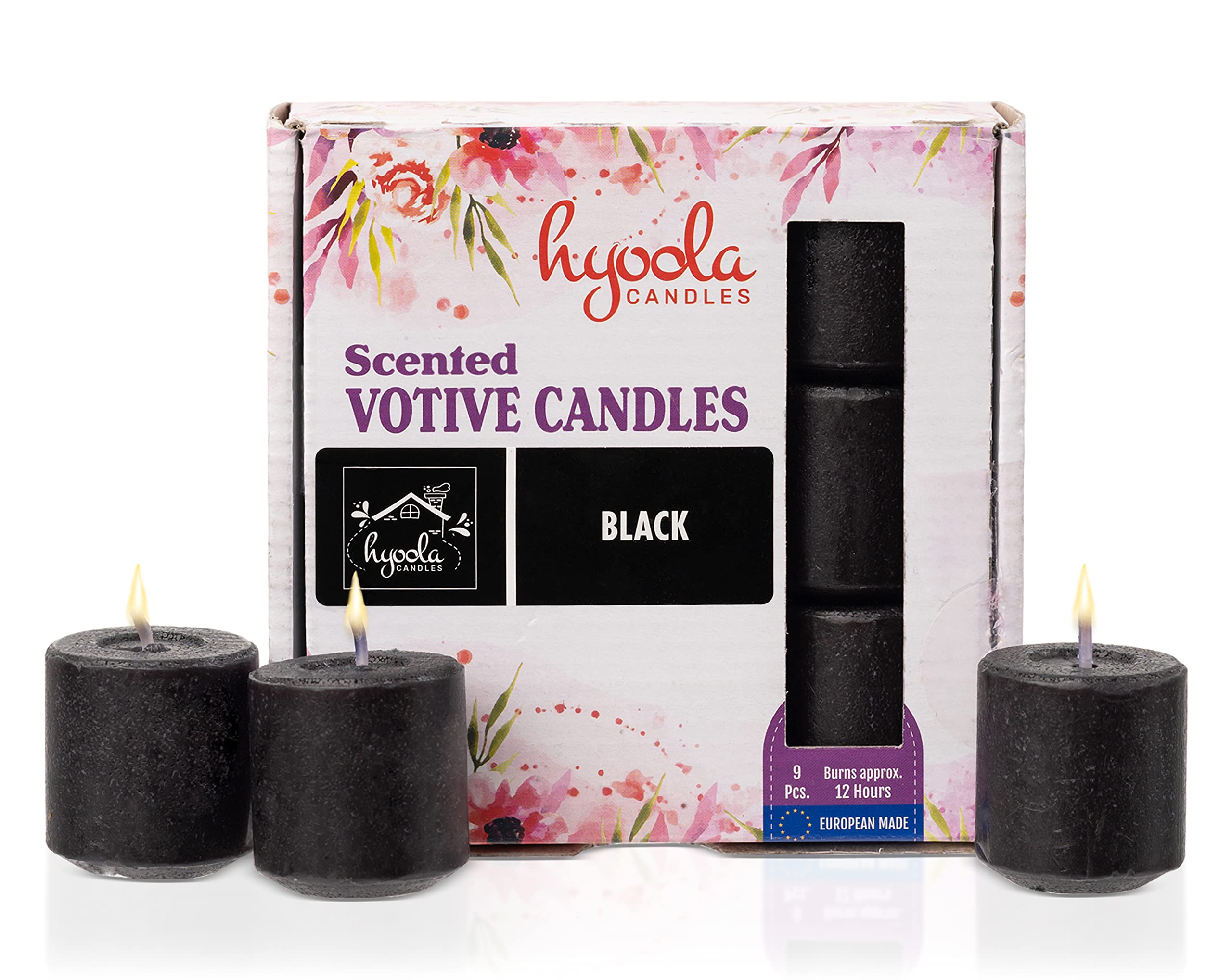 Hyoola Scented Votive Candles - Black Votive Candles Scented -12 Hour Burn Time - 9 Pack - European Made