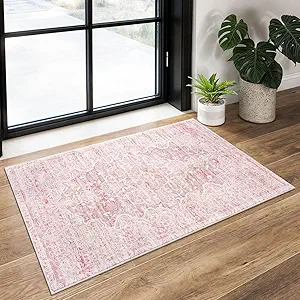 KUTA Vintage Entryway Rug - Indoor Pink Washable 2x3 Non-Slip Ultra Soft Printed Oriental Floral Doormat Accent Rug for Entrance and Bedroom Nursery