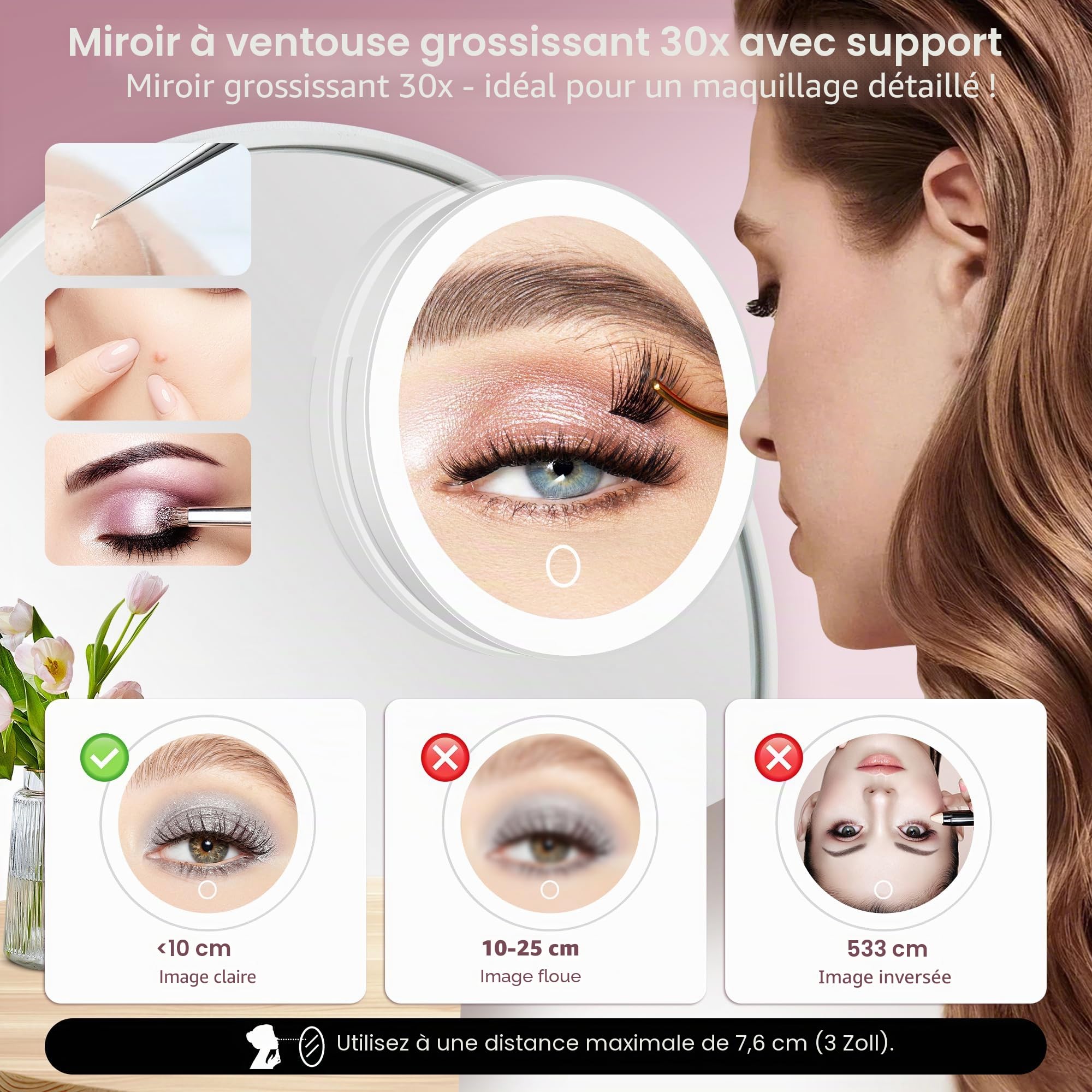MOMOKUBA Miroir grossissant avec éclairage, Miroir 30x avec Ventouse, Couleurs Lumineuses et à intensité Variable, pour Maquillage de précision, Miroir Mural ou de Table pour Salle de, Blanc