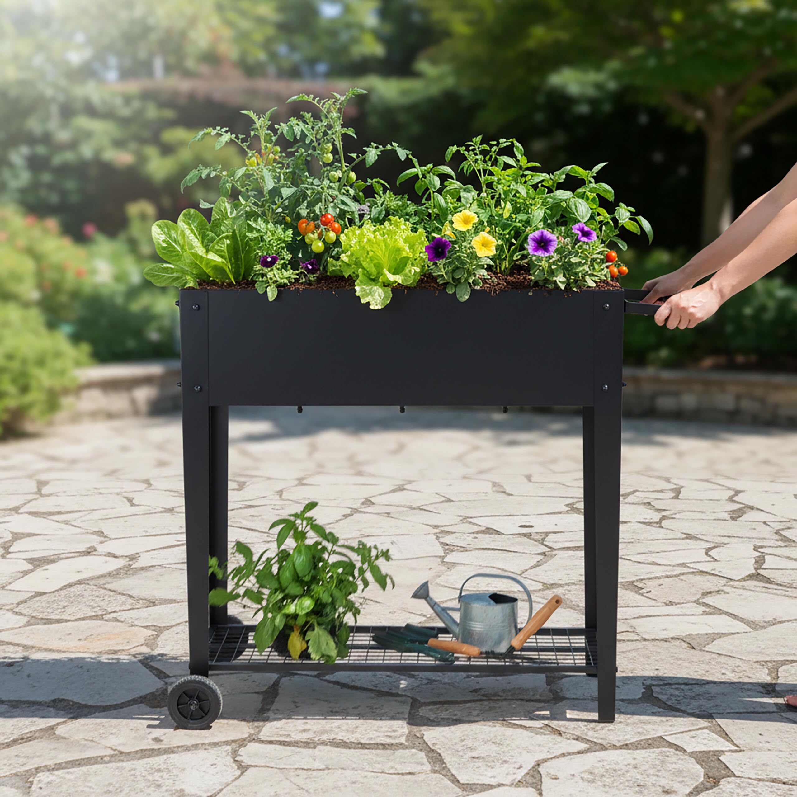 Relaxdays Jardinera elevada con Estante y Ruedas, para jardín, balcón y terraza, 80 x 85 x 50 cm, Negro