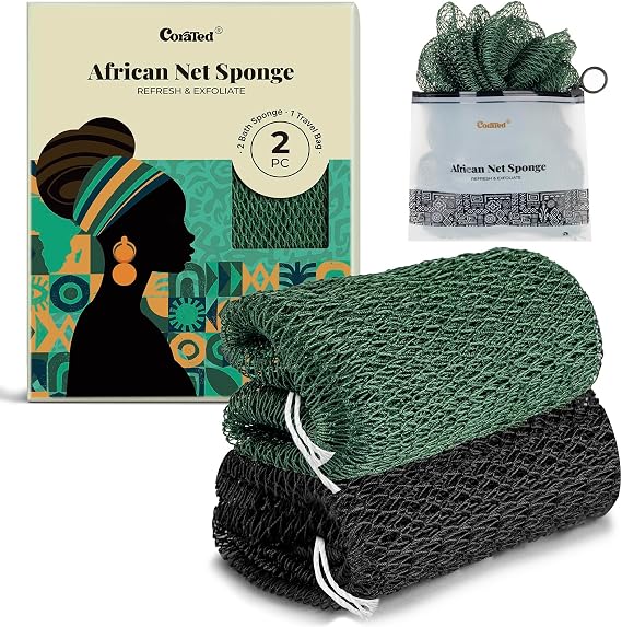 CORATED 2pcs African Exfoliating Net Sponge - Bath & Shower Net Sponges, Scrubbing Net Body, Beauty Skin Cleaning for Shower SPA Massage (Black & Dark Green)