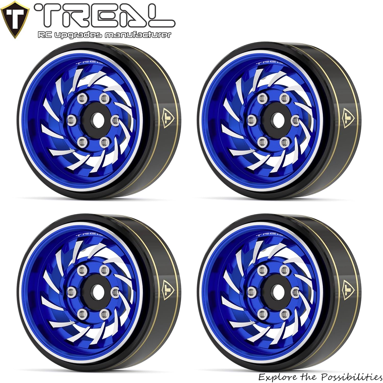 TREAL 1.0 Beadlock Wheels (4P-Pack) Whirlwind Style for 1/24 SCX24 AX24 1/18 TRX4M RC Crawlers -Type L(Blue)