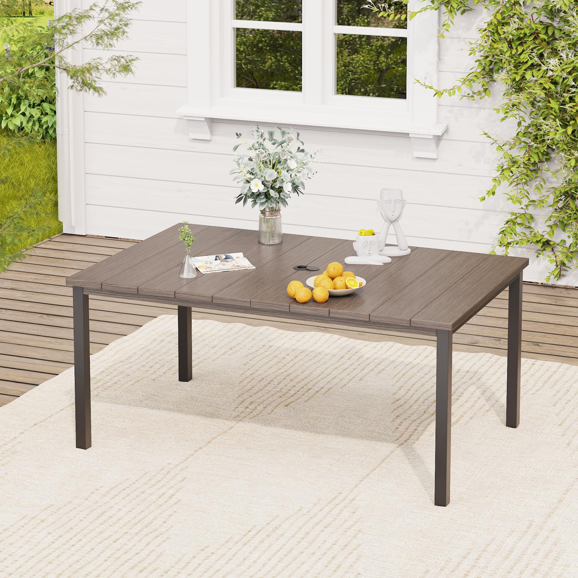 VICLLAX Outdoor Table for 6, Metal Patio Dining Table with Umbrella Hole for Garden Lawn Deck Backyard, Antique Grey Tabletop